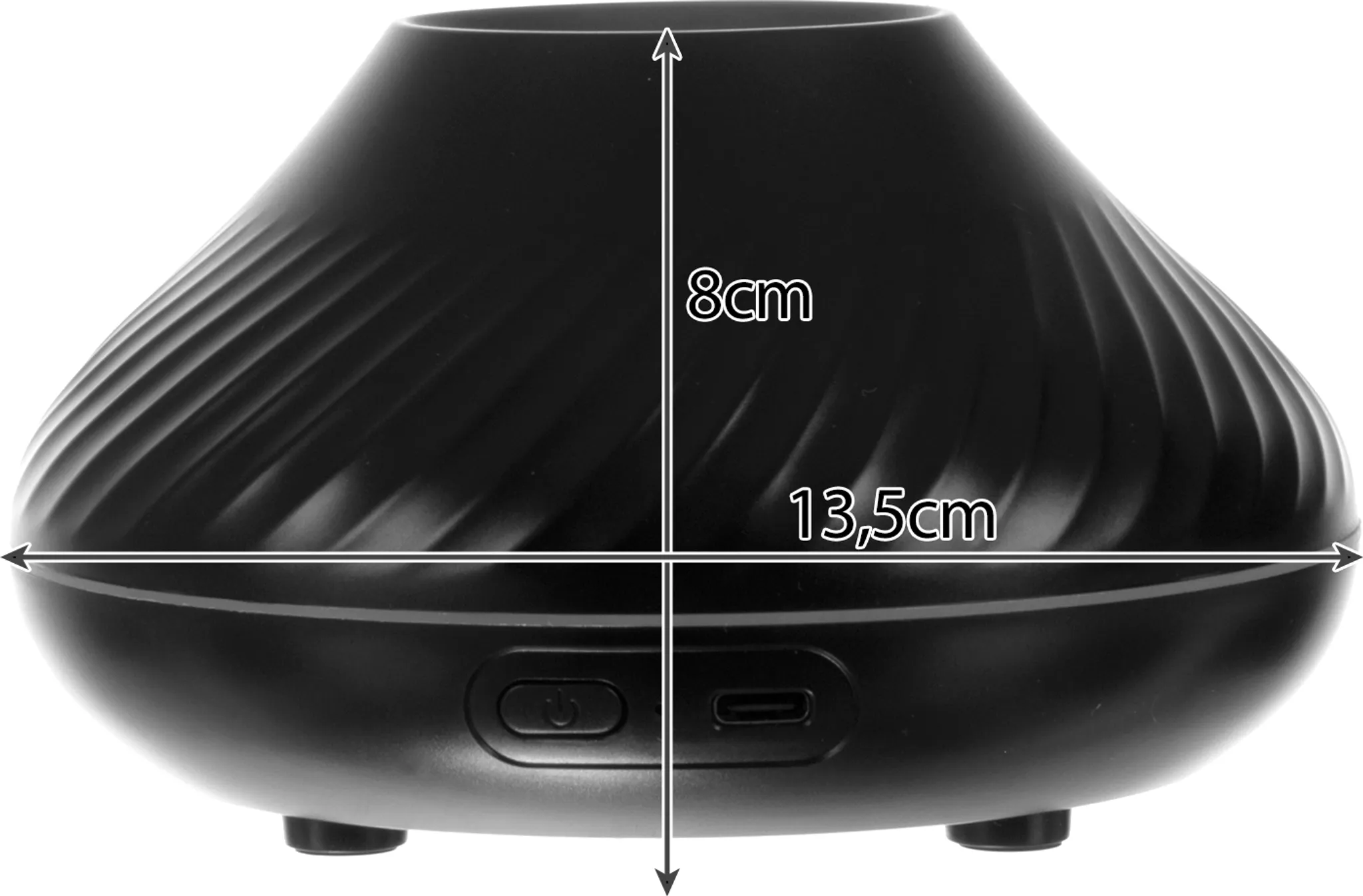 Schwarzer Diffusor, 8cm hoch, 13,5cm breit, mit Bedienelementen.