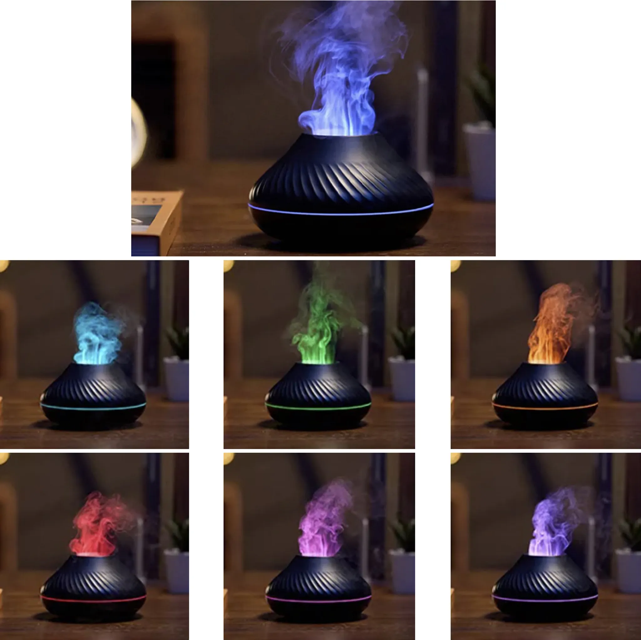 Schwarzer Diffusor mit flammeneffekt in blau, grün, orange, rot, lila.