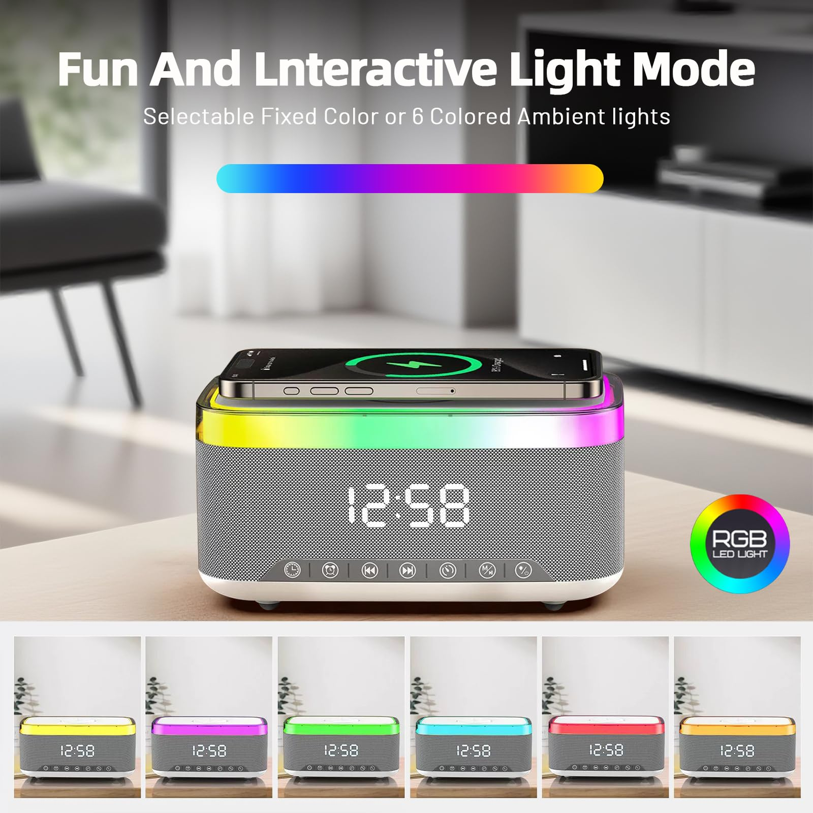 Ein moderner Lautsprecher mit RGB-Beleuchtung und einem Smartphone, das drahtlos lädt.