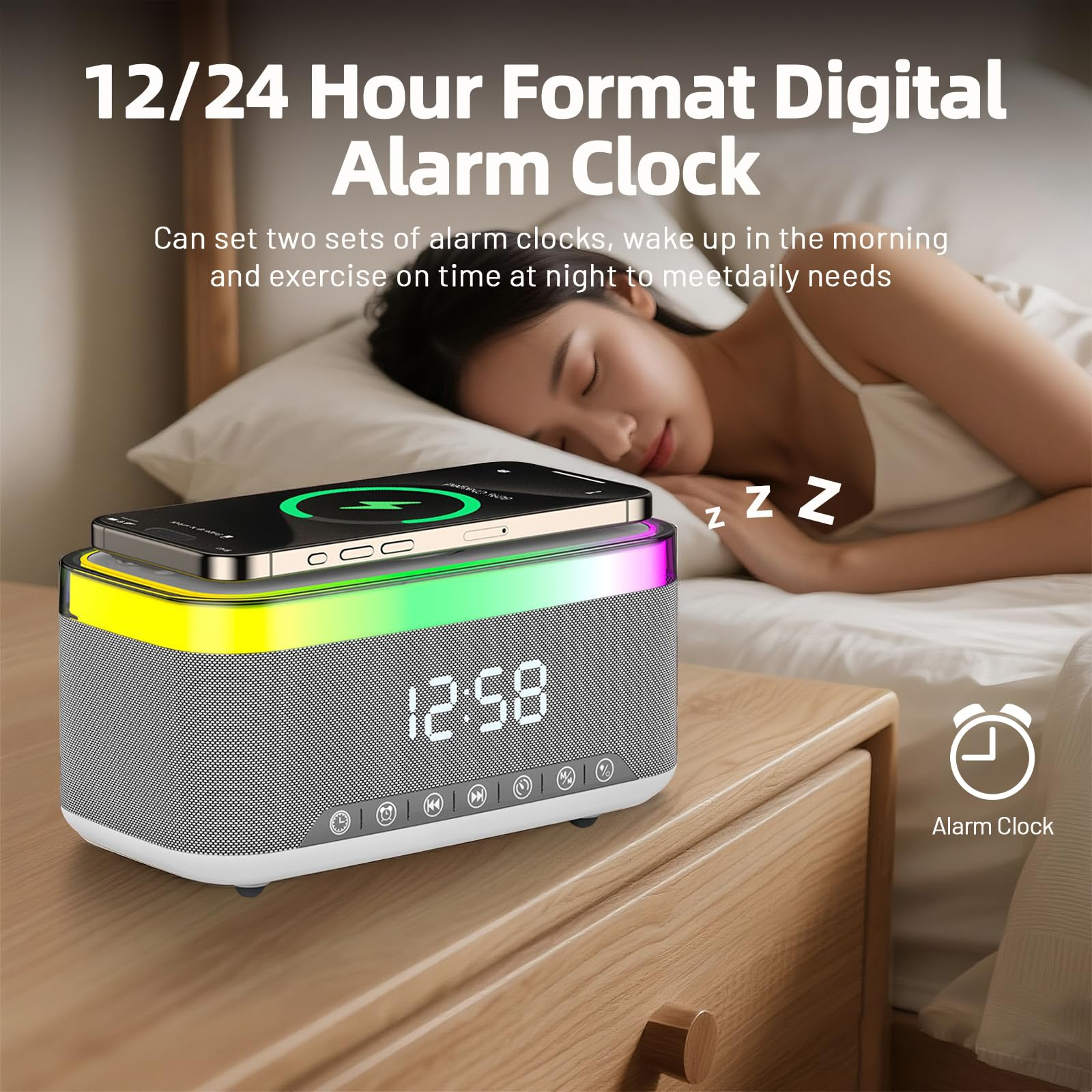 Digitaler Wecker mit 12/24-Stunden-Format, lädt Handy, bunte Lichter.