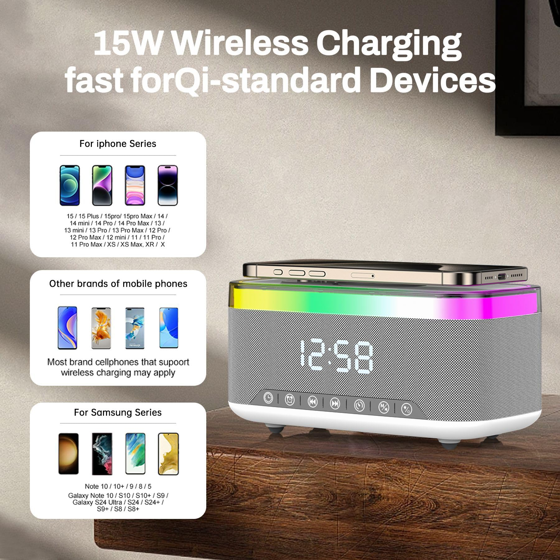 Ein kabelloses Ladegerät mit Uhr und Farb-LEDs, das iPhones, Samsung-Geräte und andere lädt.