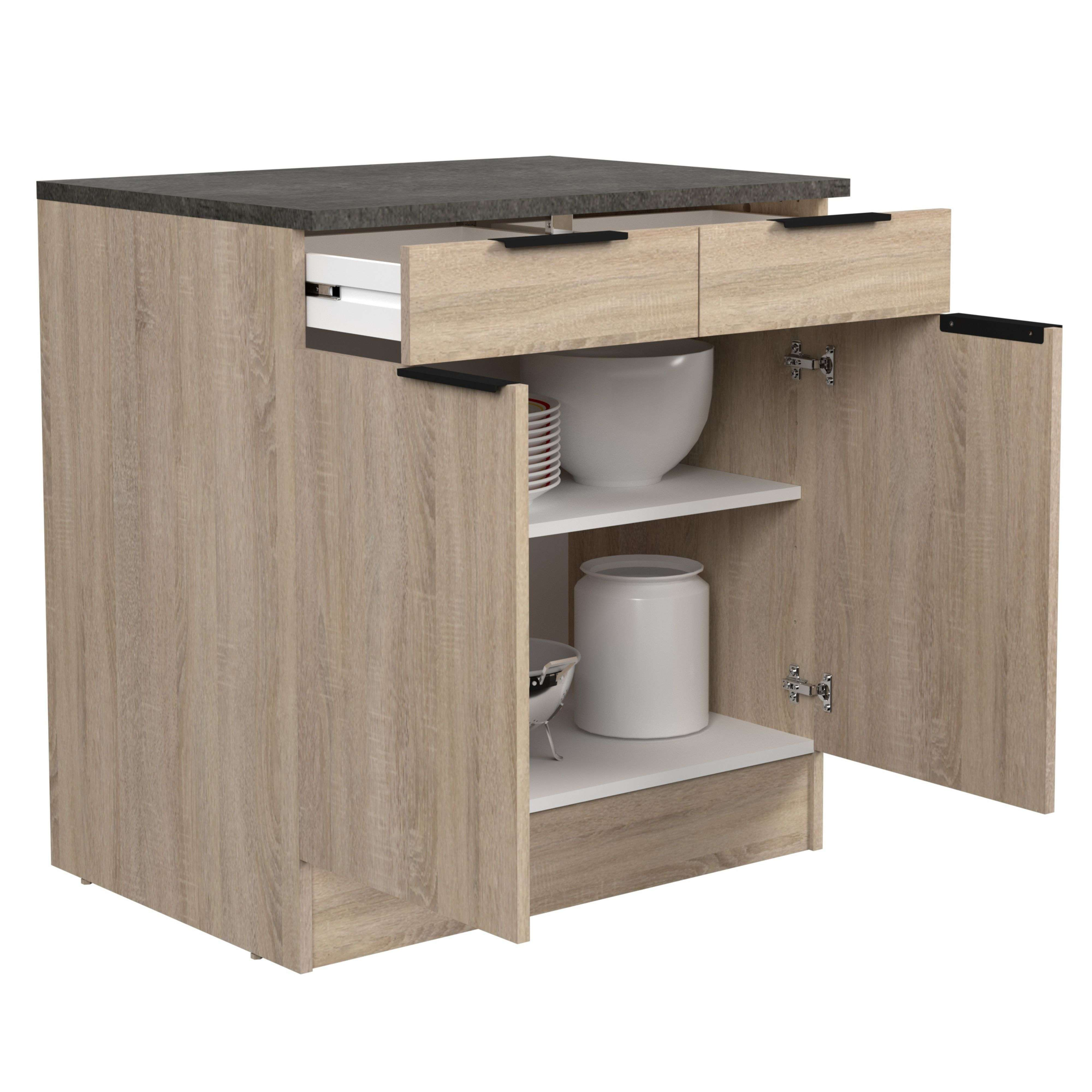 Gabinete de madera con puerta y cajón abiertos, platos dentro.