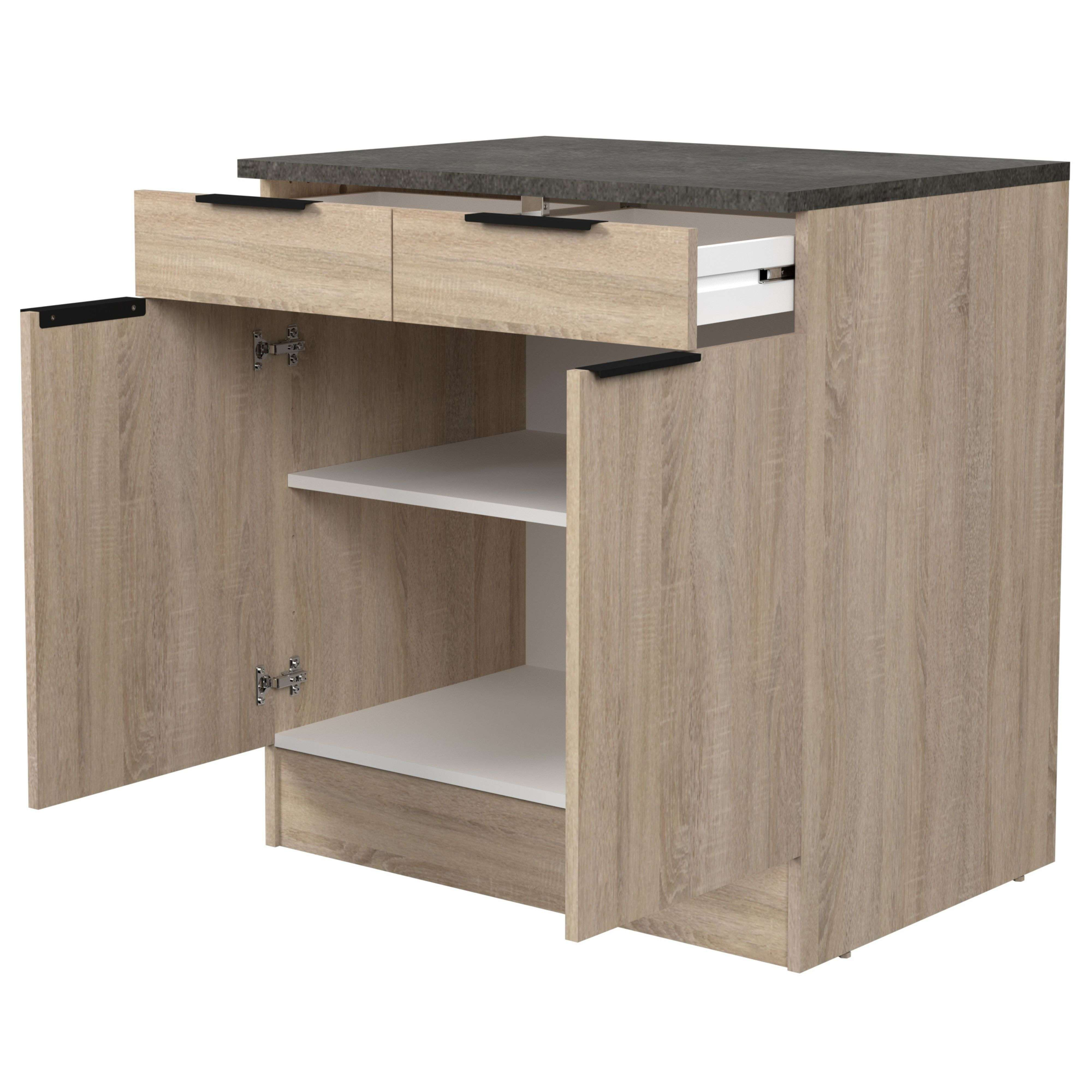 Mueble bajo de madera con encimera oscura, puertas abiertas y cajones.