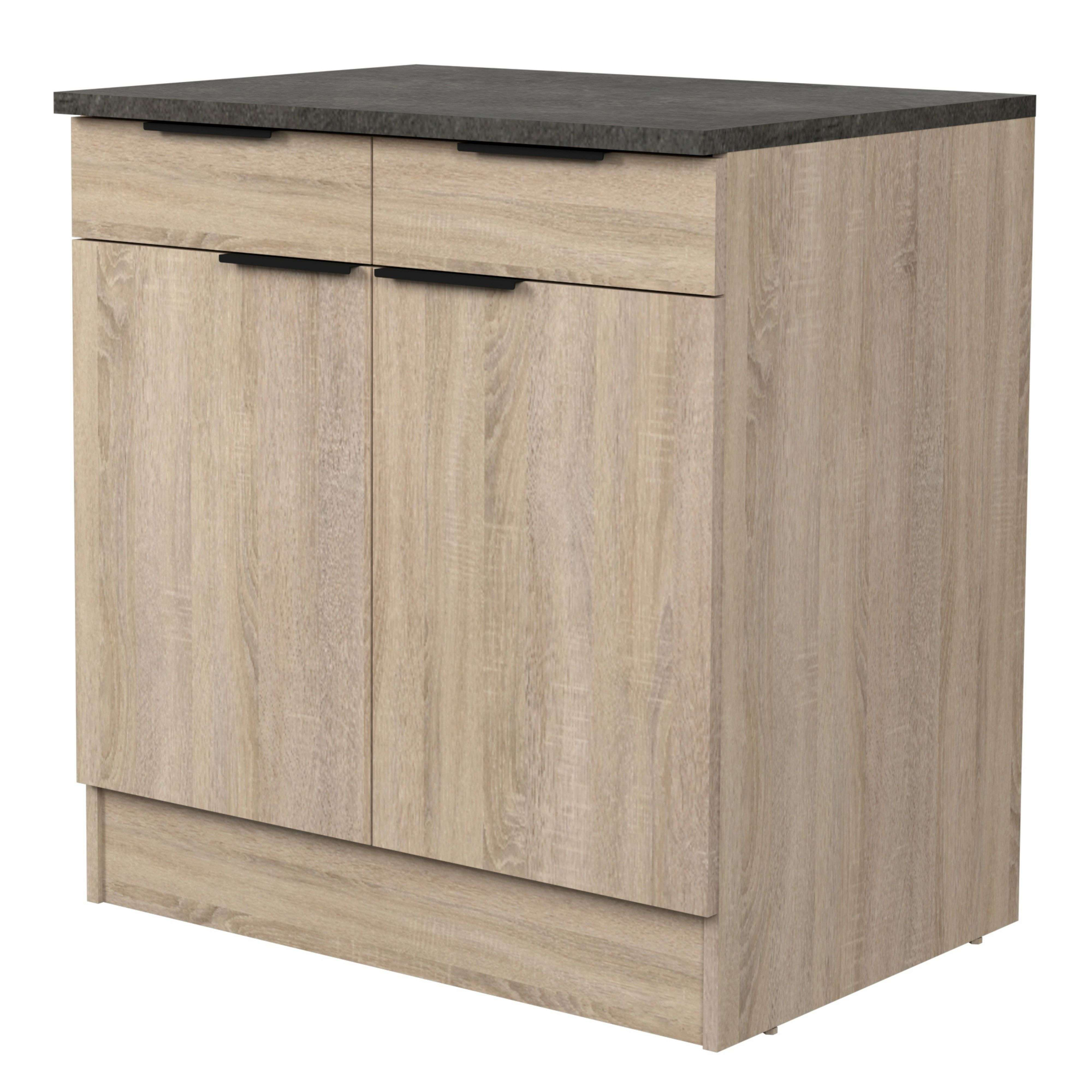 Un armario de madera clara con dos cajones y dos puertas.