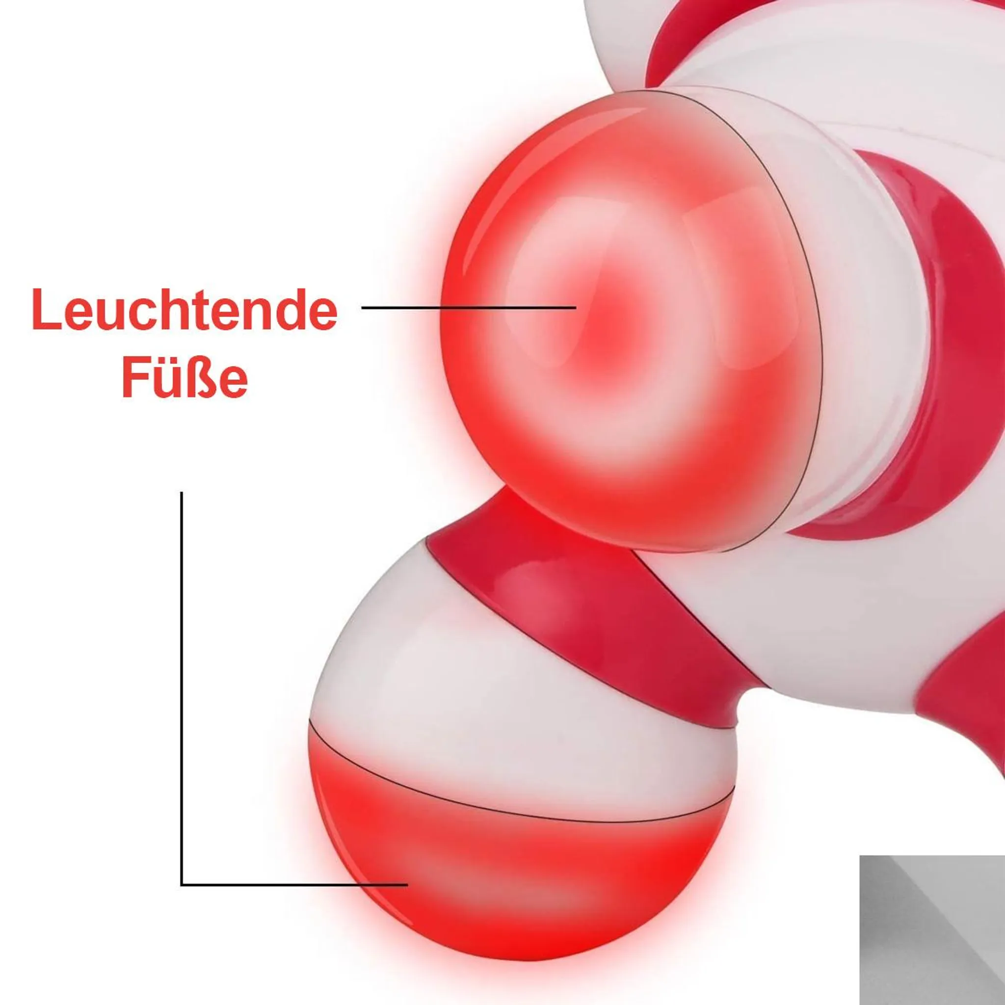Ein weißes Objekt mit roten Streifen und leuchtend roten Füßen.