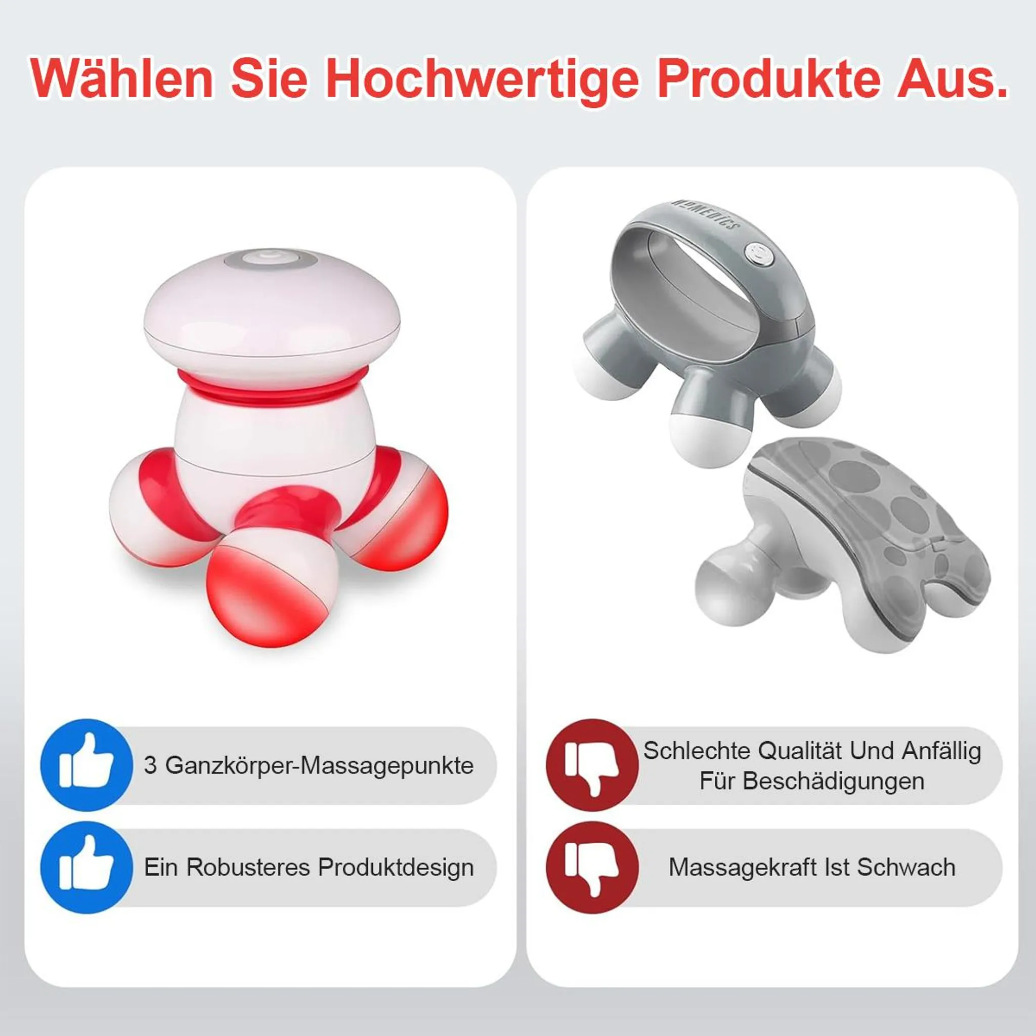 Zwei Massagegeräte im Vergleich: weiß/rot mit 3 Punkten, grau mit 4 Beinen.
