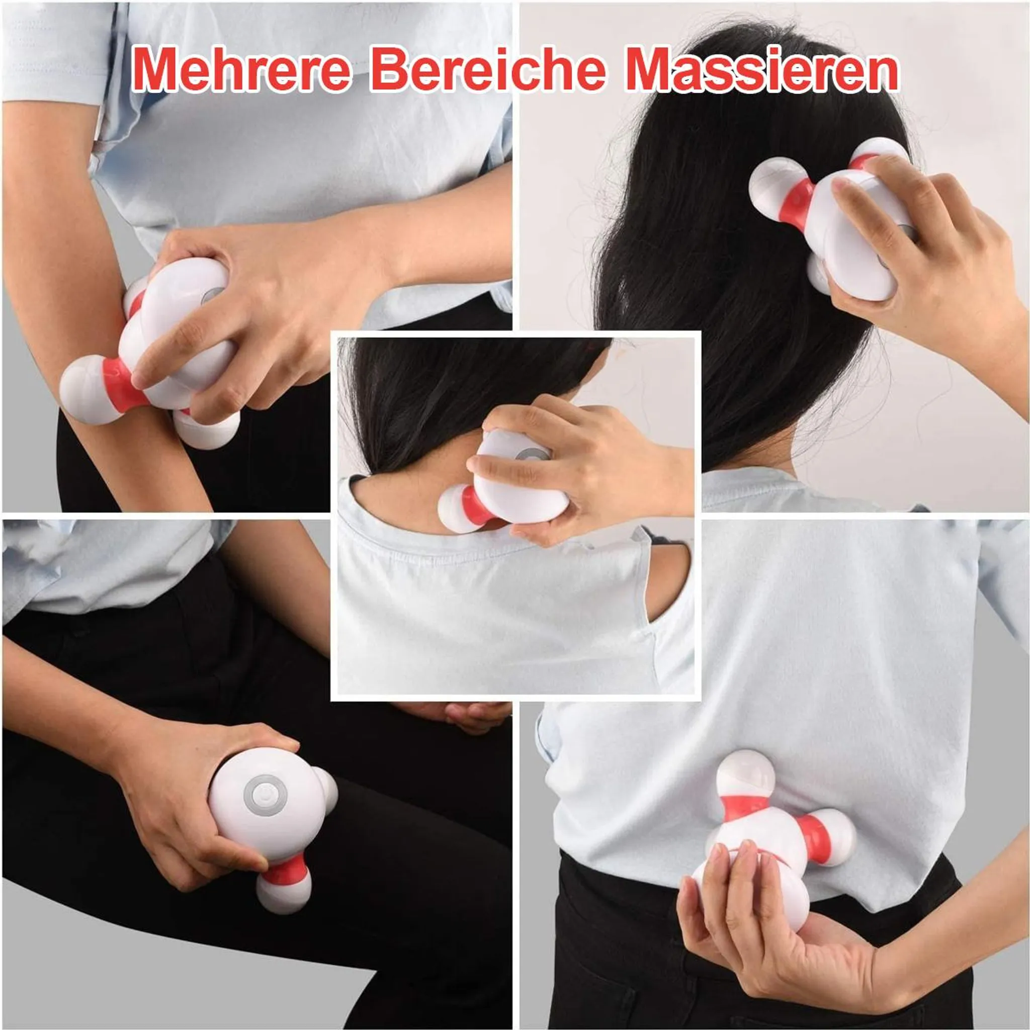 Mehrere Körperbereiche werden mit einem weißen und roten Massagegerät massiert.