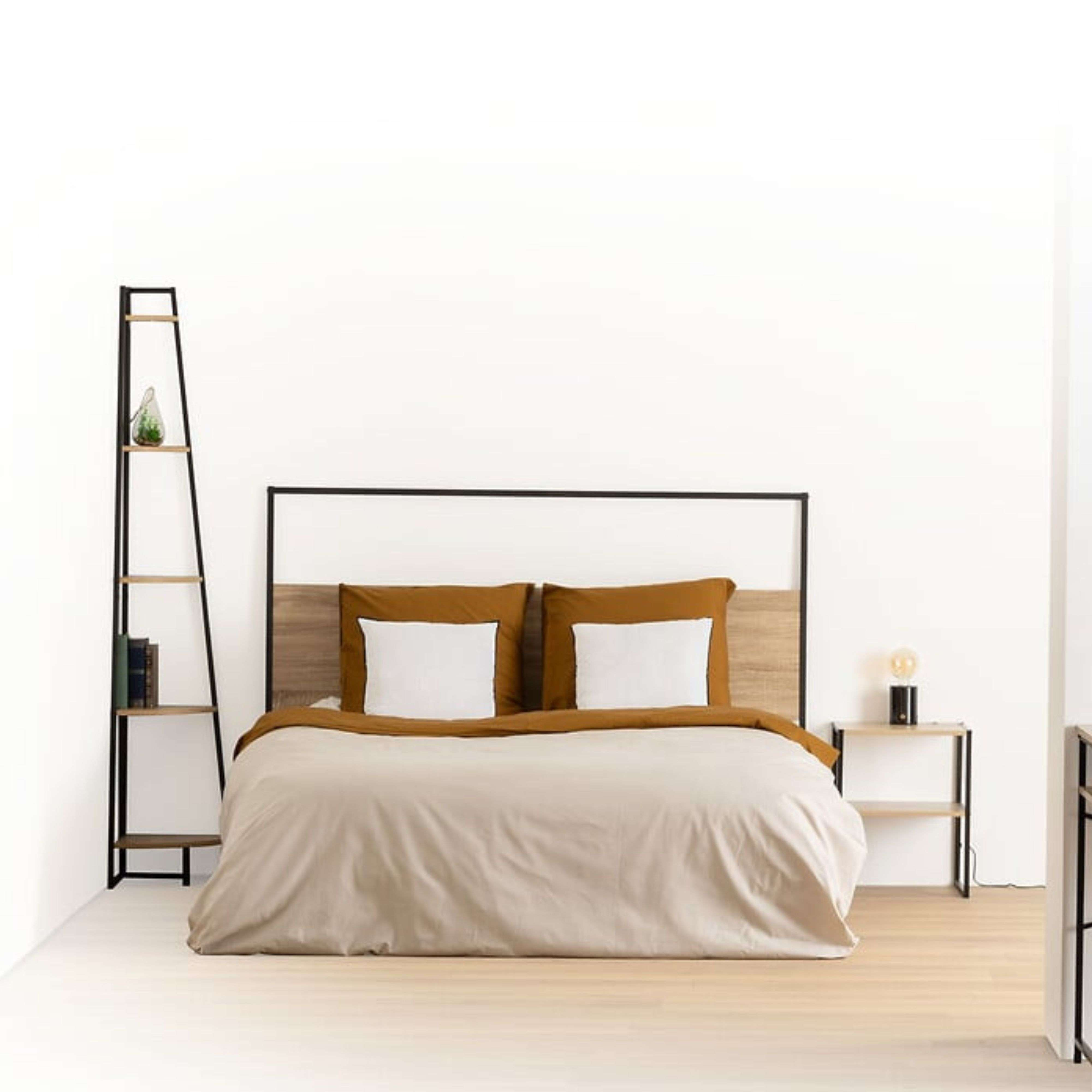 Una cama con cojines marrones y blancos, una estantería y una mesita de noche.