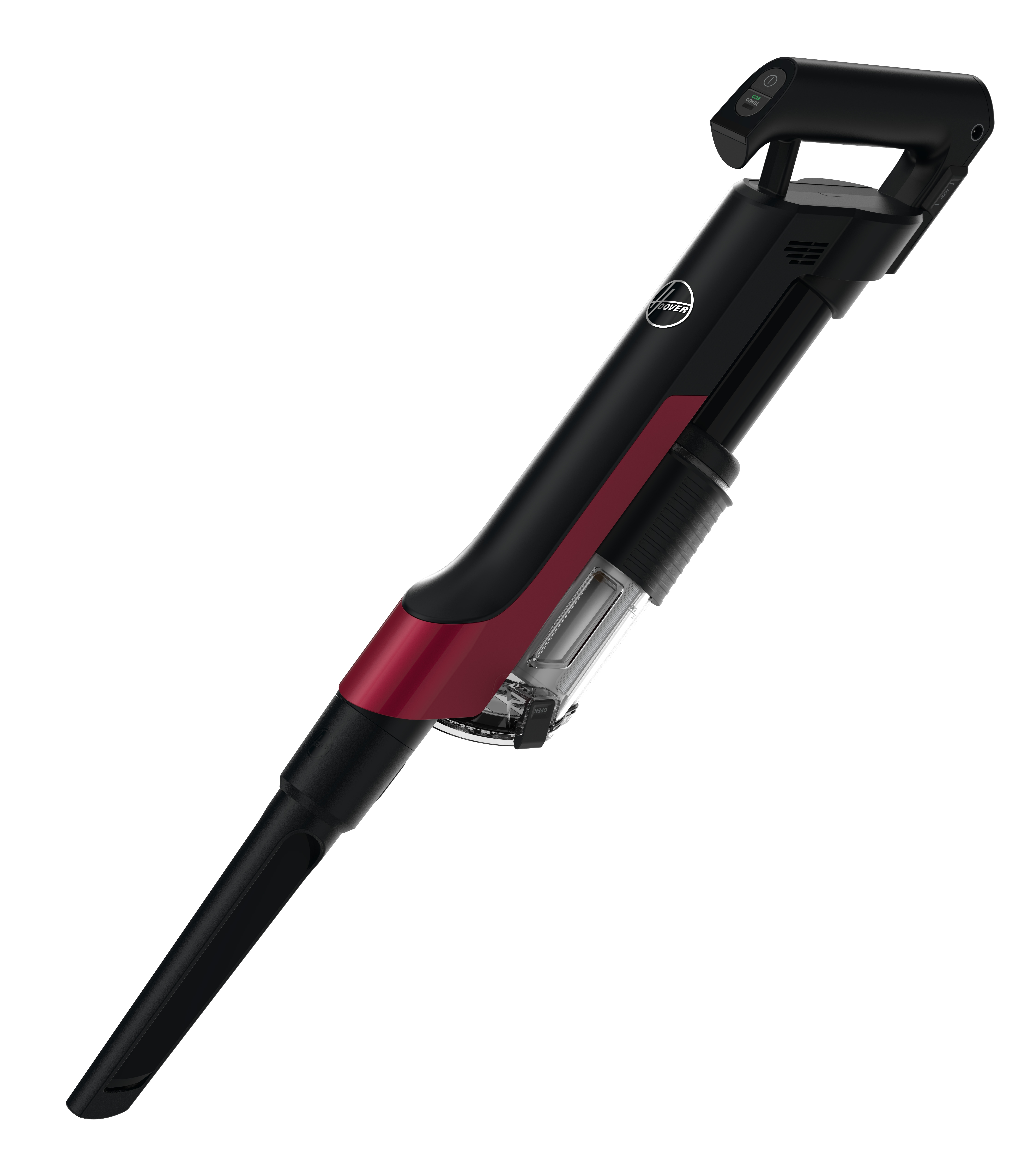 Aspirapolvere portatile Hoover nero con accenti rossi e contenitore trasparente.