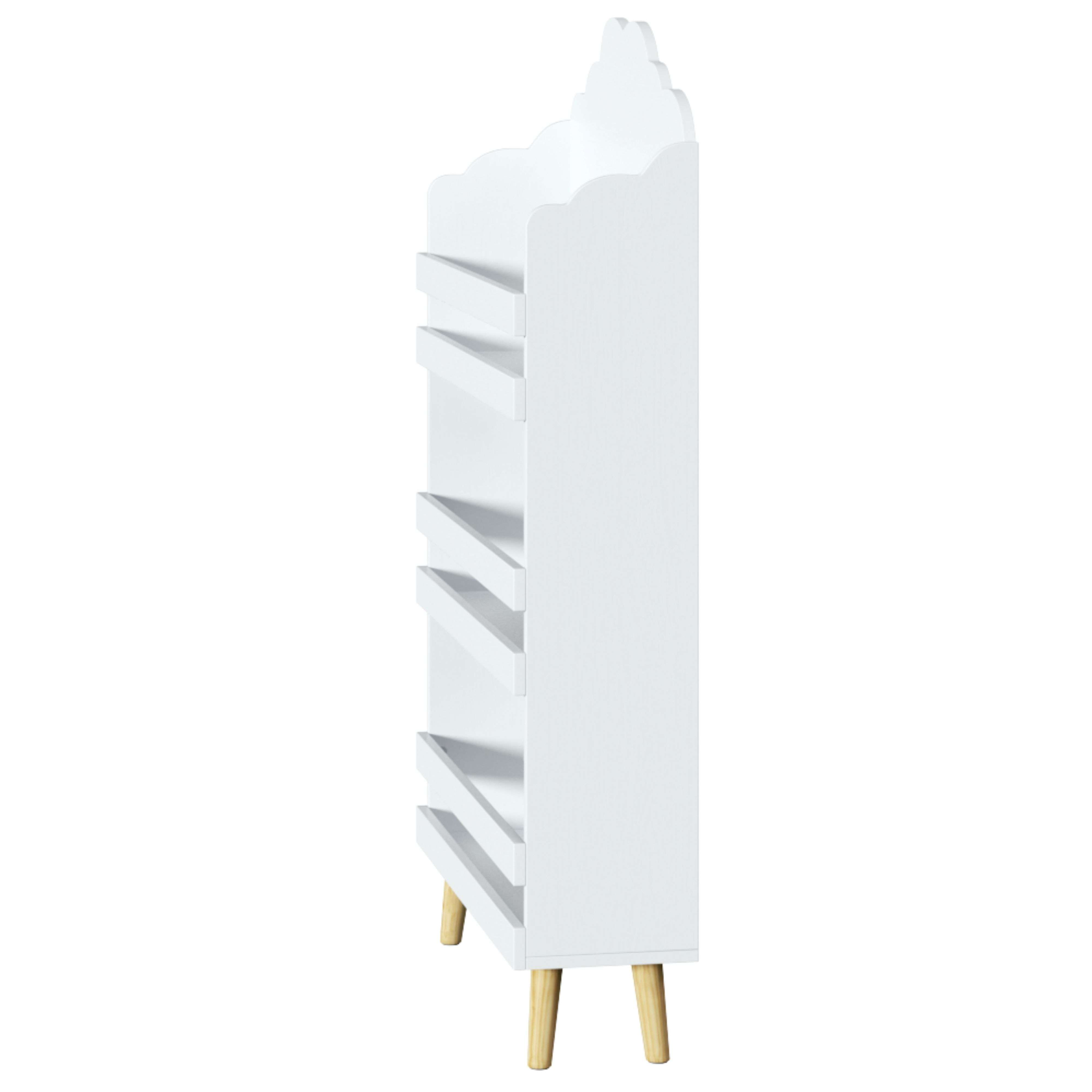 Estantería blanca con motivo de nube y patas de madera.
