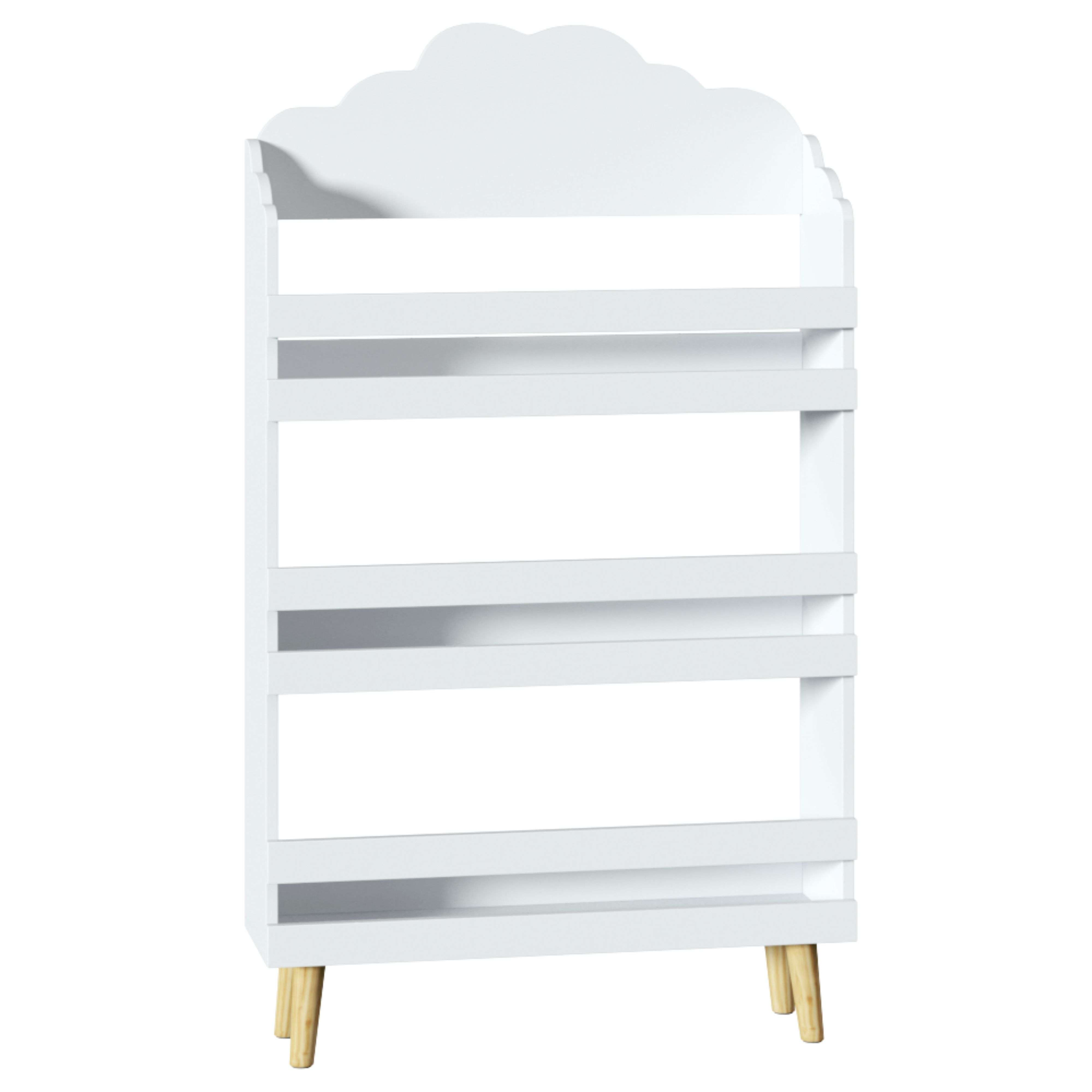 Un estante blanco con forma de nube arriba y cuatro patas de madera.