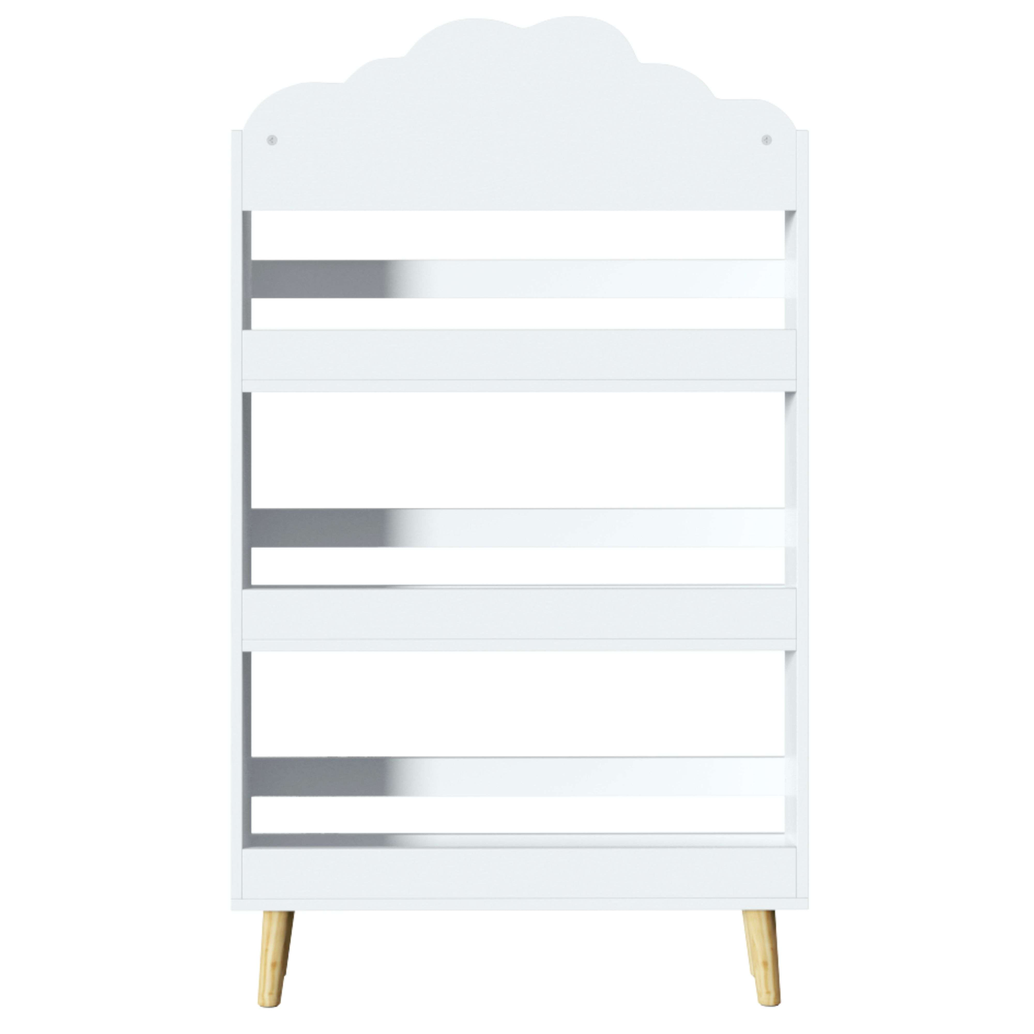 Un estante blanco con forma de nube y patas de madera.
