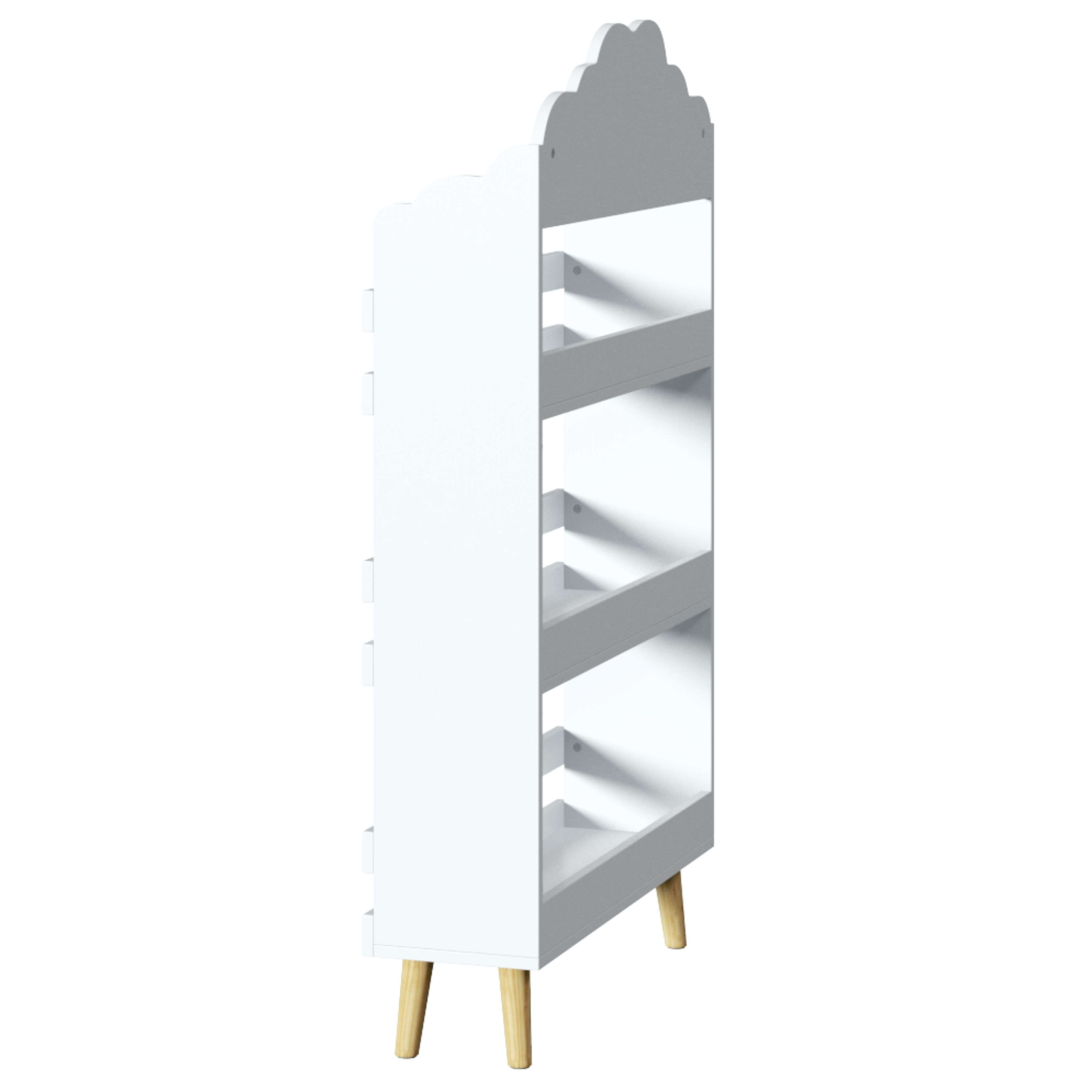 Estantería blanca de cuatro baldas con cuatro patas de madera.