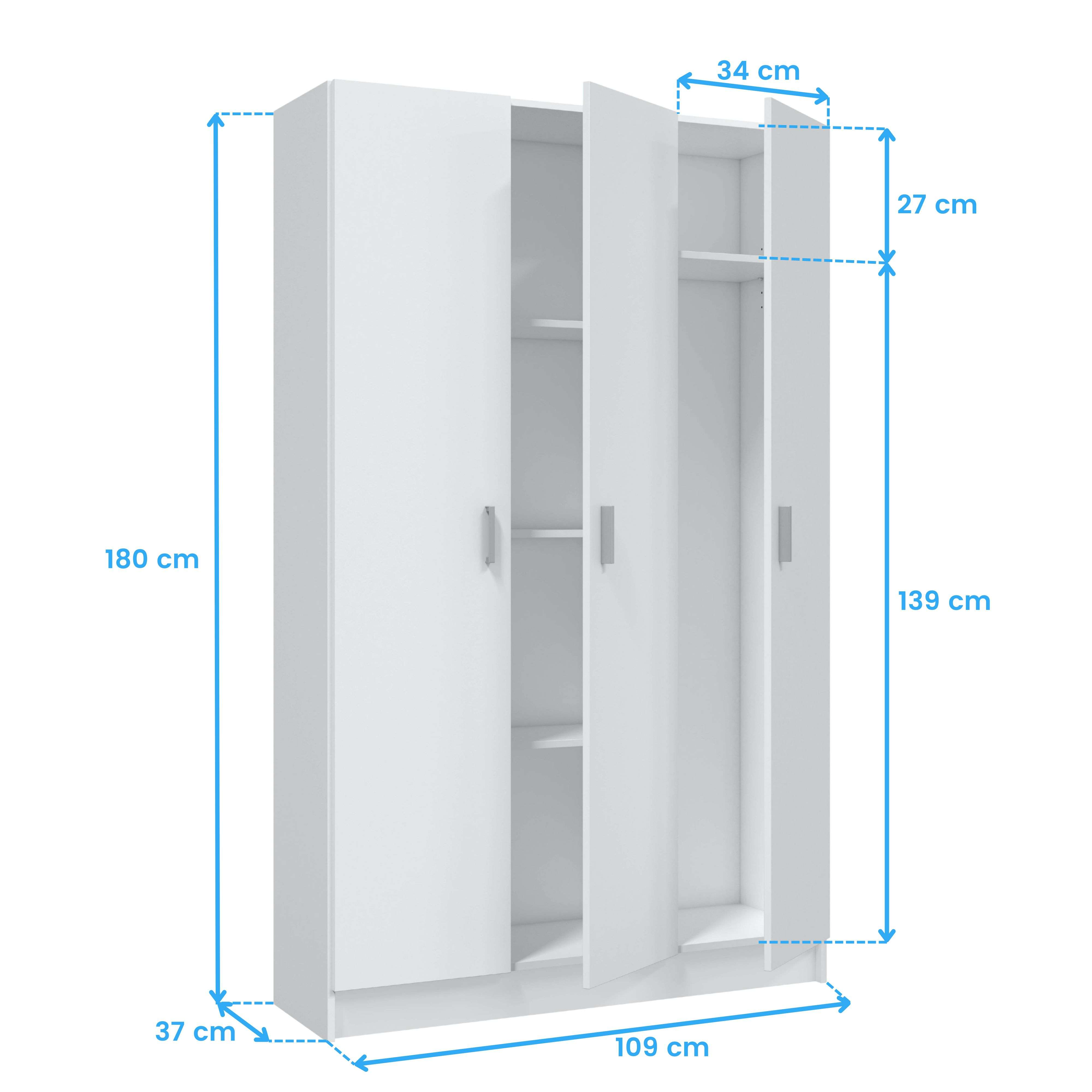 Un armario blanco de tres puertas. Mide 180x109x37 cm.