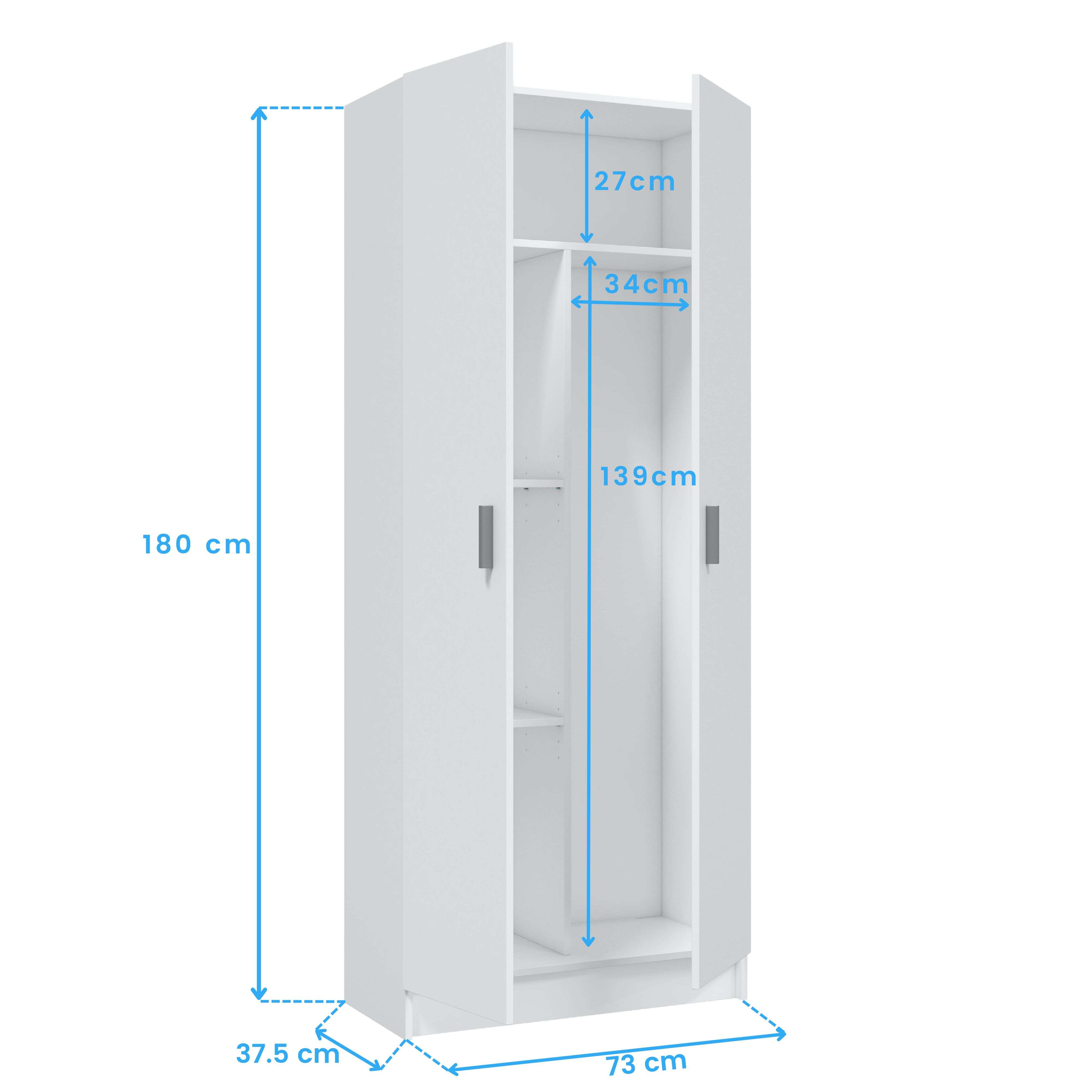 Un armario blanco con puertas abiertas, dimensiones 180x73x37,5 cm.