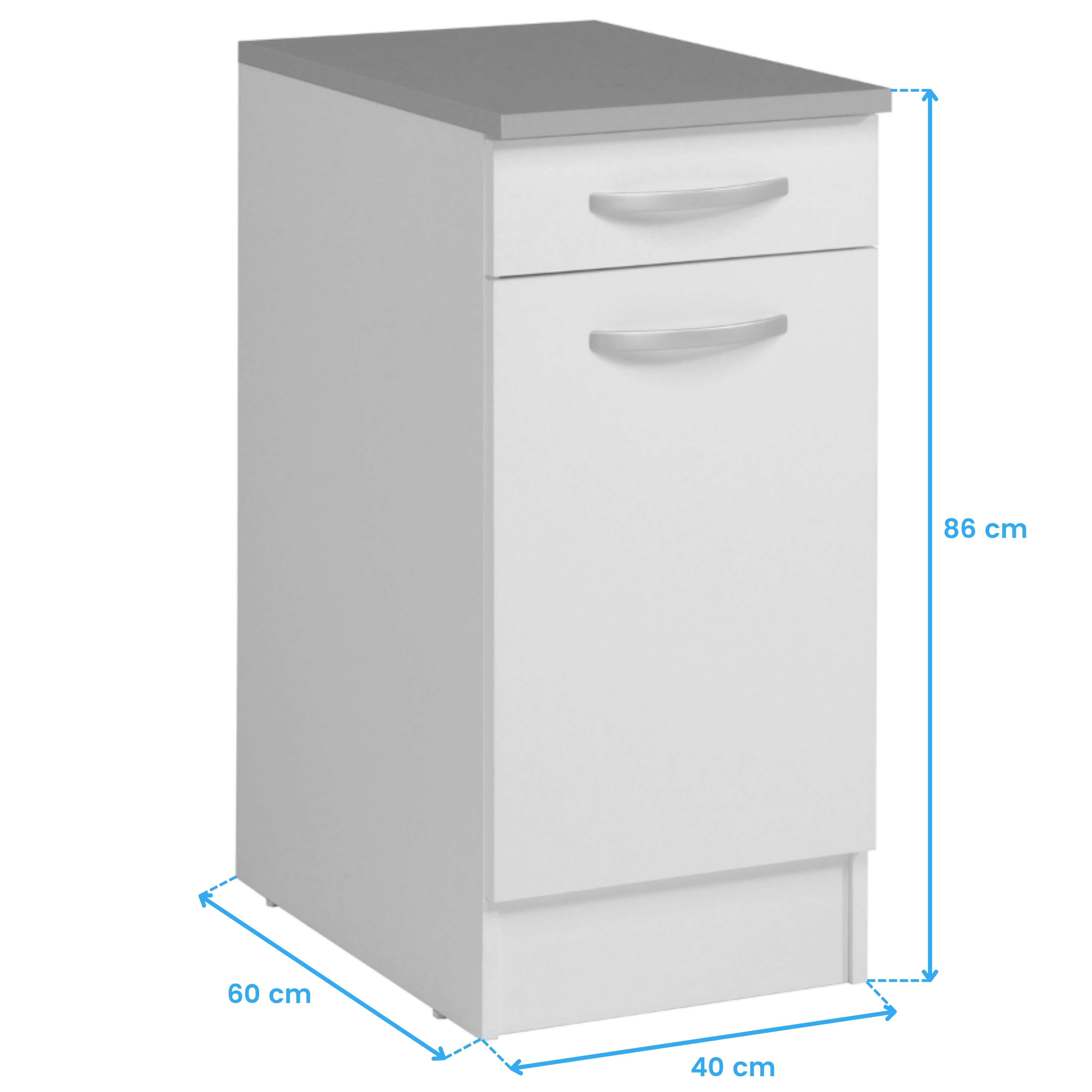 Un mueble bajo de cocina blanco con dos cajones y tapa gris, 86x60x40cm.
