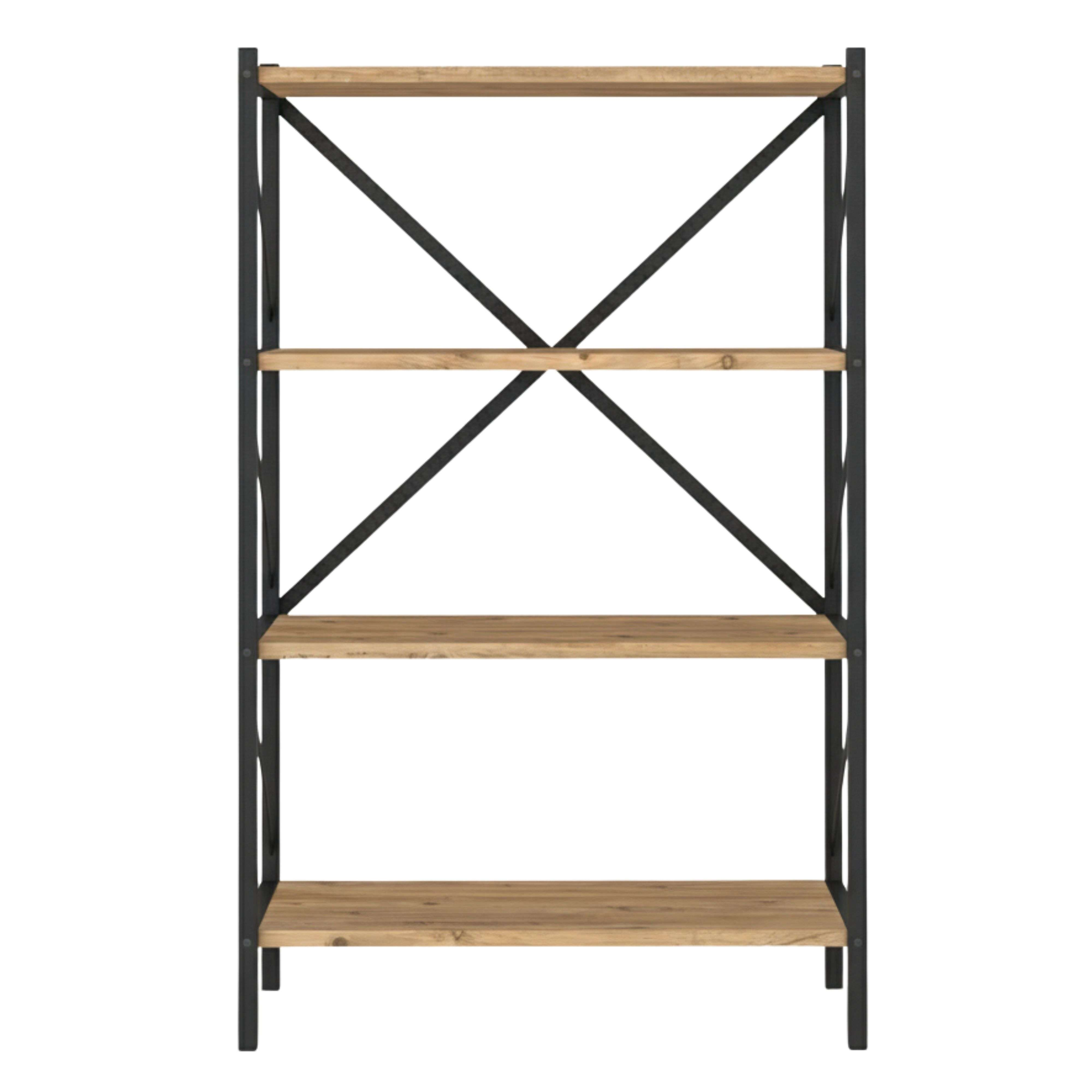 Una estantería de madera y metal negro con cuatro baldas.