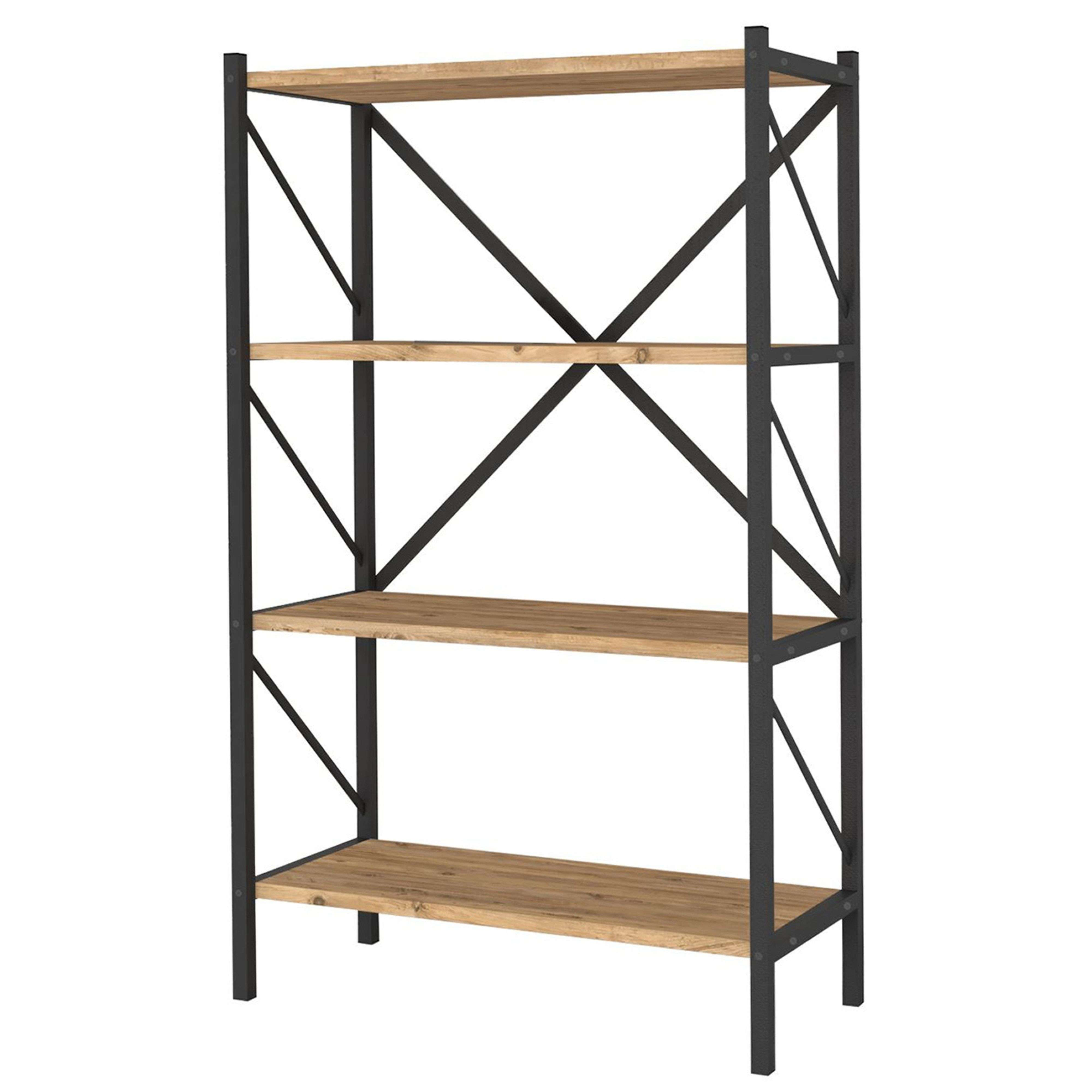 Un estante de cuatro baldas con tablones de madera y marco negro.