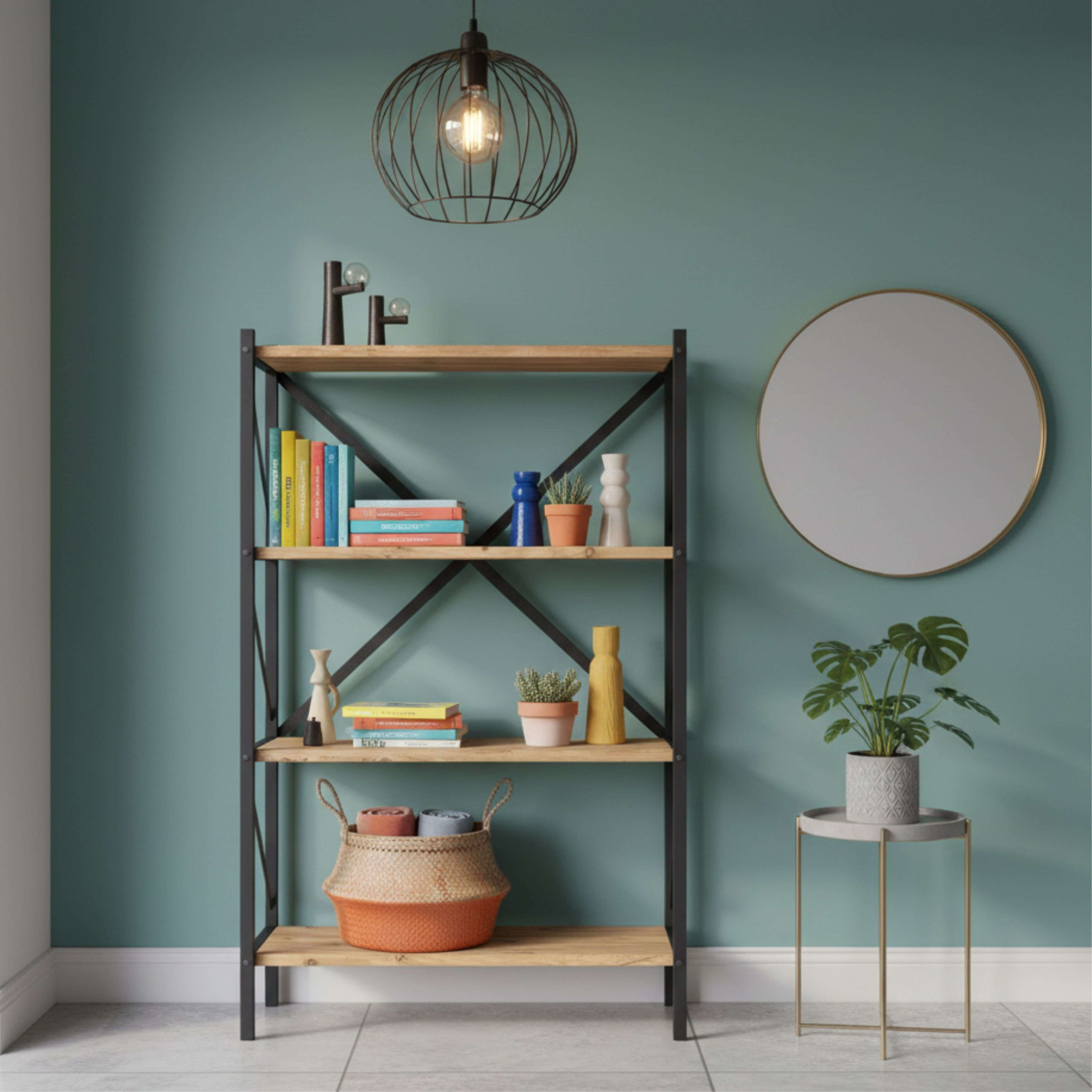 Una estantería con libros, jarrones y plantas contra una pared verde azulado.