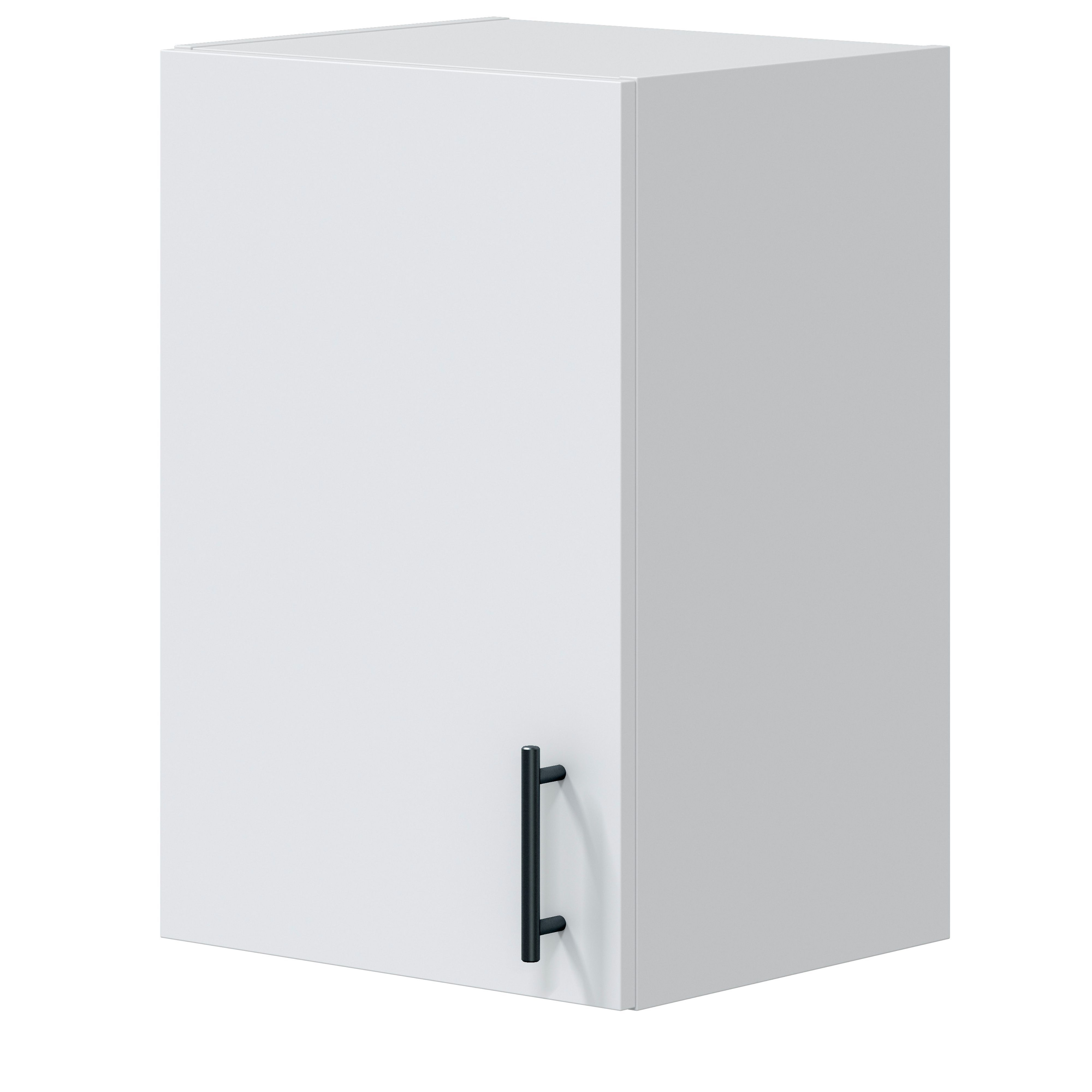 Un armario de pared blanco con un tirador negro.