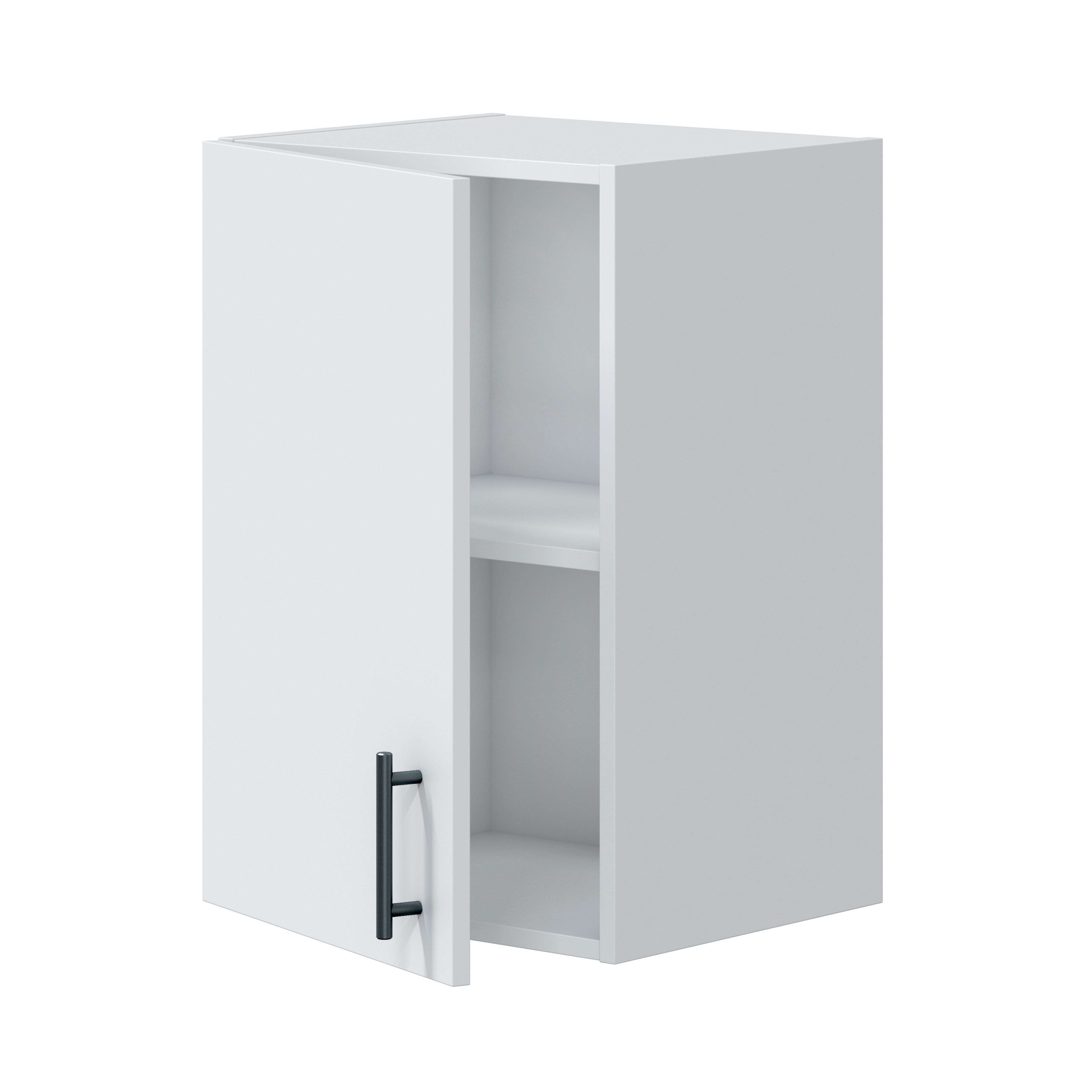 Un armario blanco con una puerta abierta y un tirador negro.