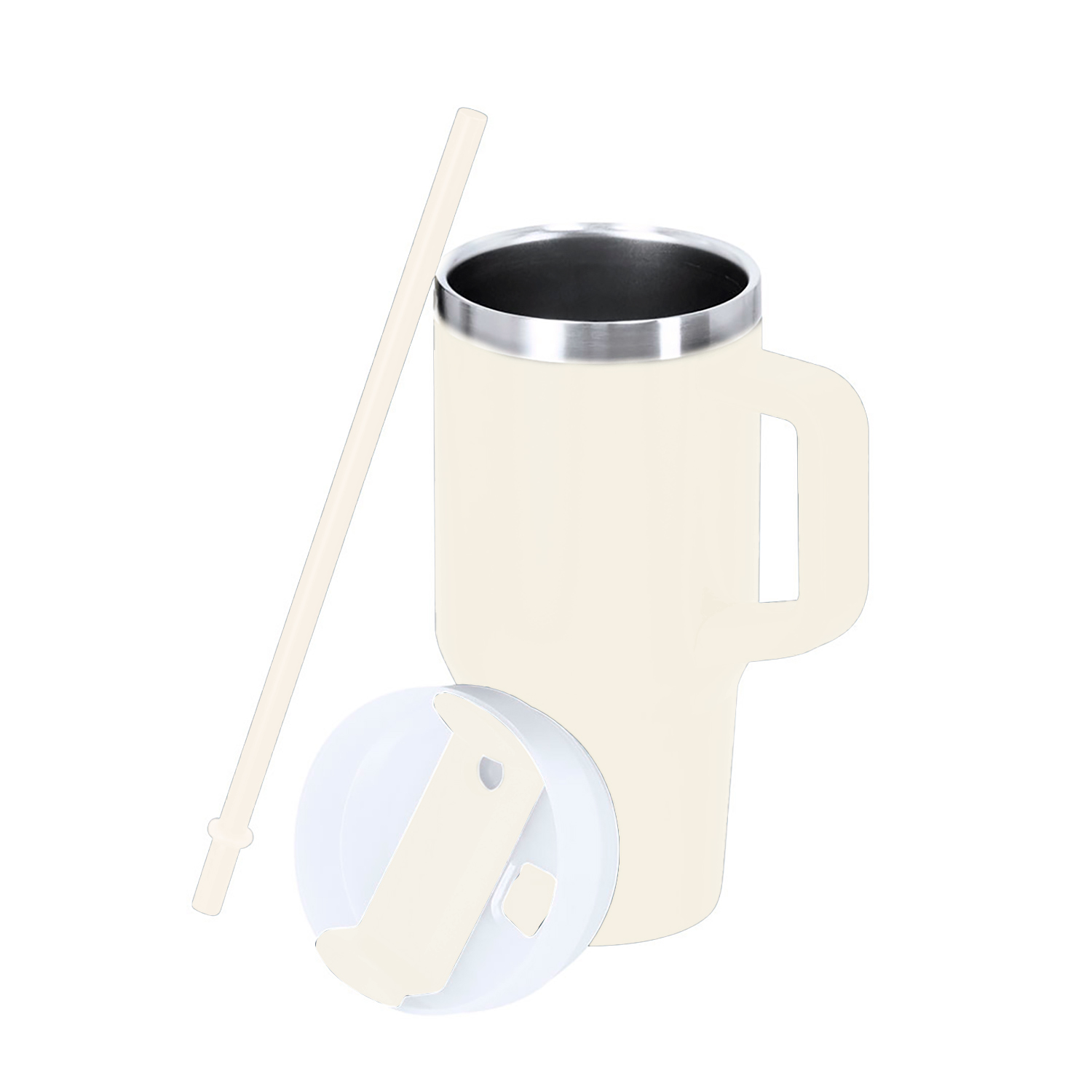 Beiger Becher mit Griff, Deckel und Strohhalm auf weißem Hintergrund.