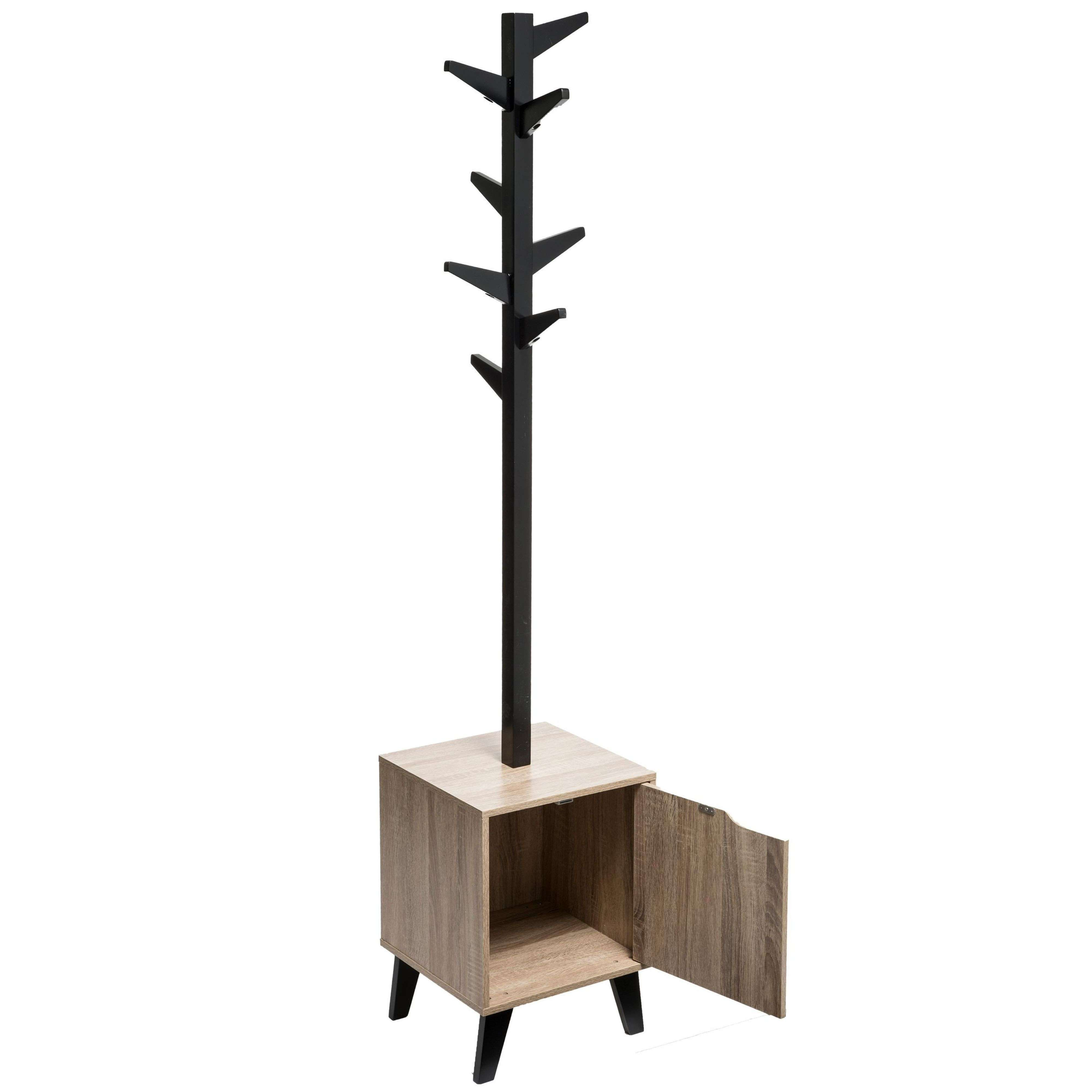Perchero negro con base de madera y puerta abierta.