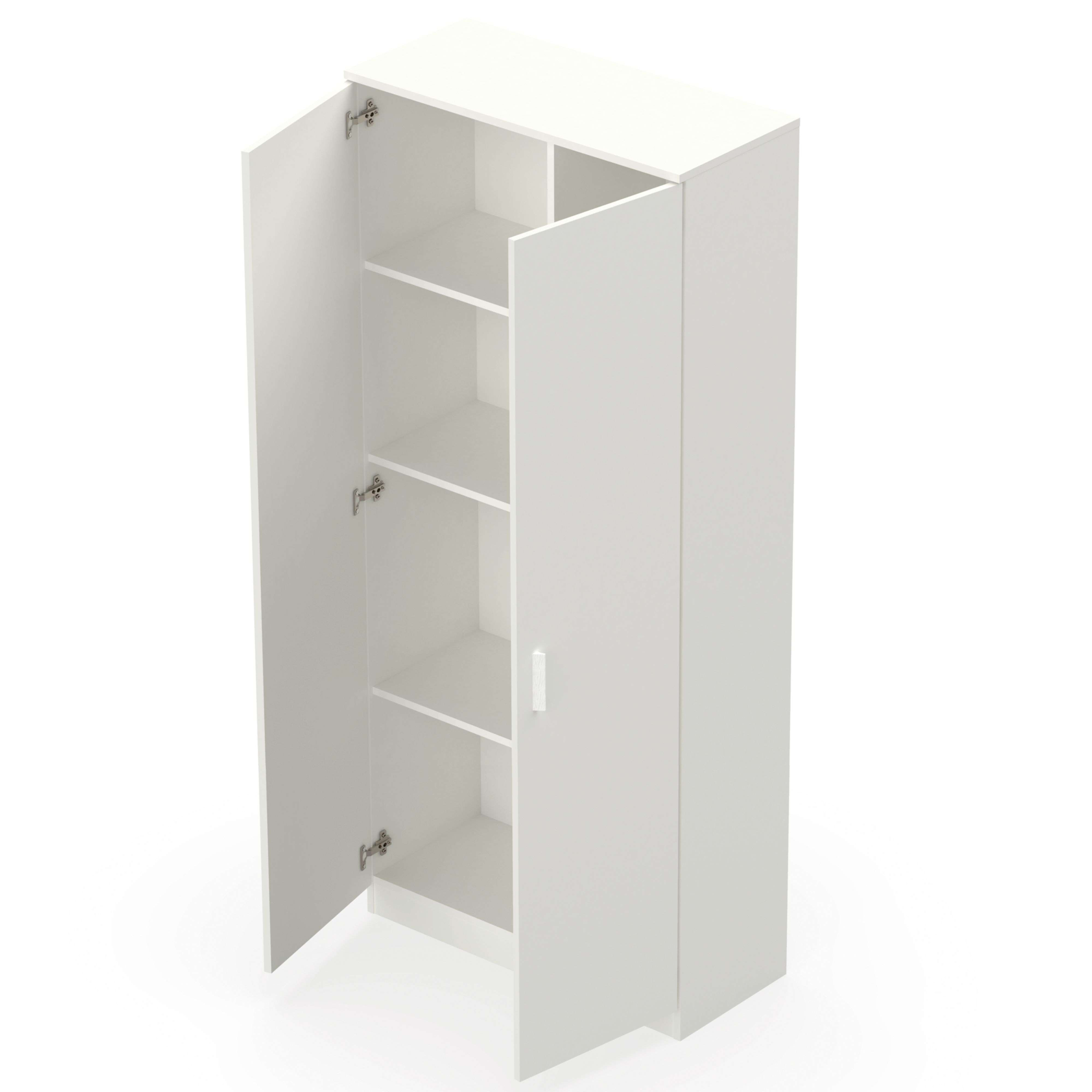 Un armario blanco abierto con estantes y una puerta.