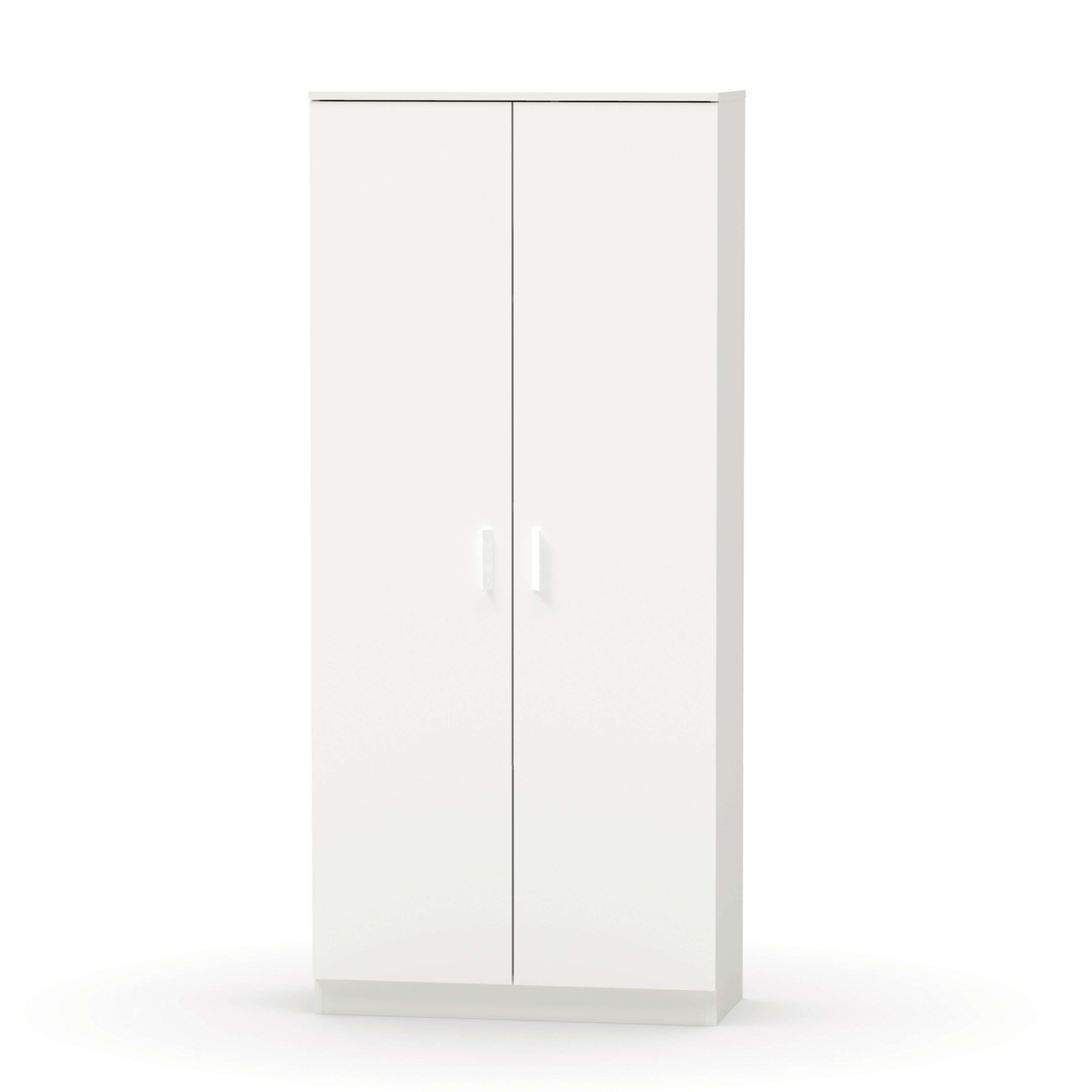 Un armario blanco con dos puertas y tiradores.
