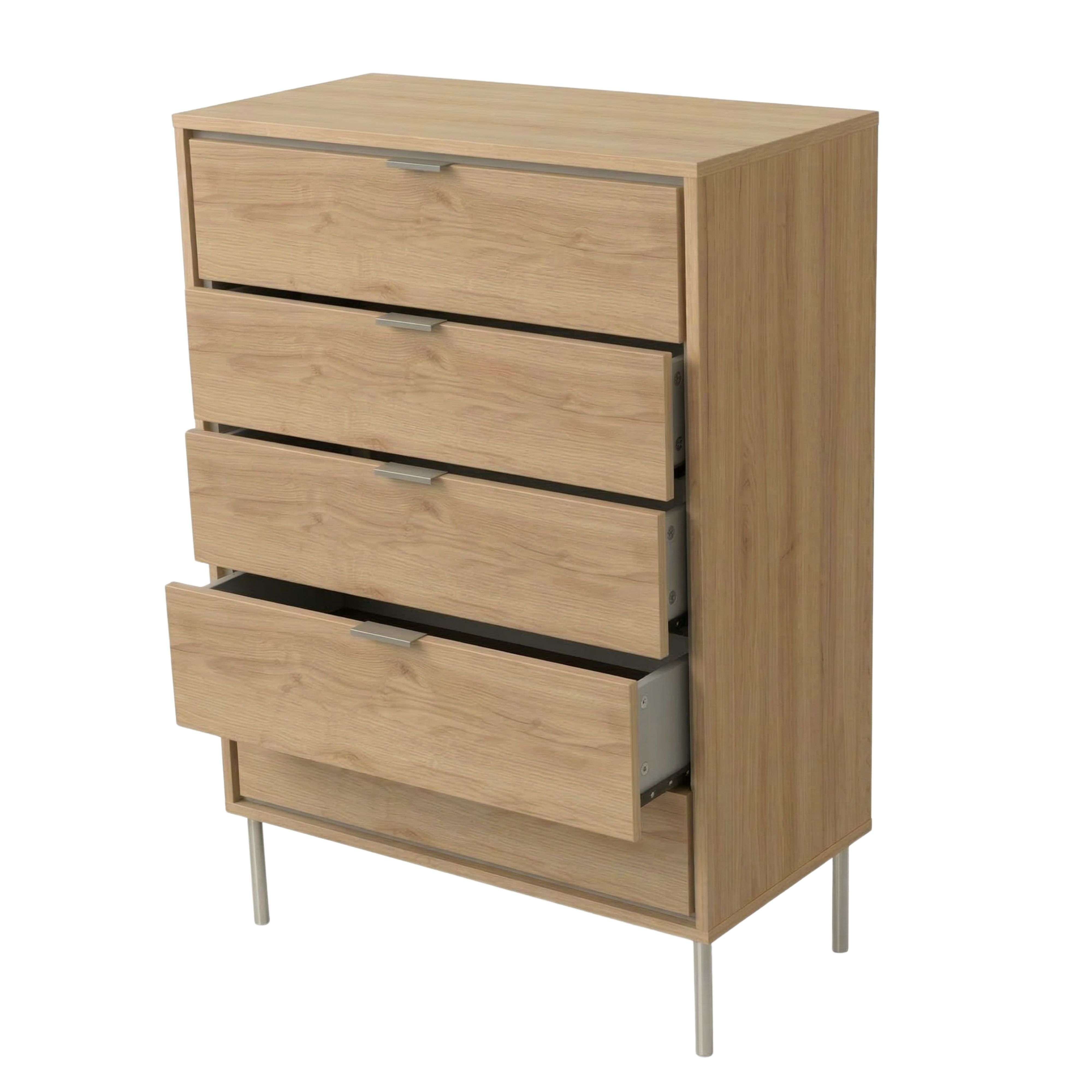 Una cómoda de madera con cinco cajones, tiradores plateados y patas metálicas.