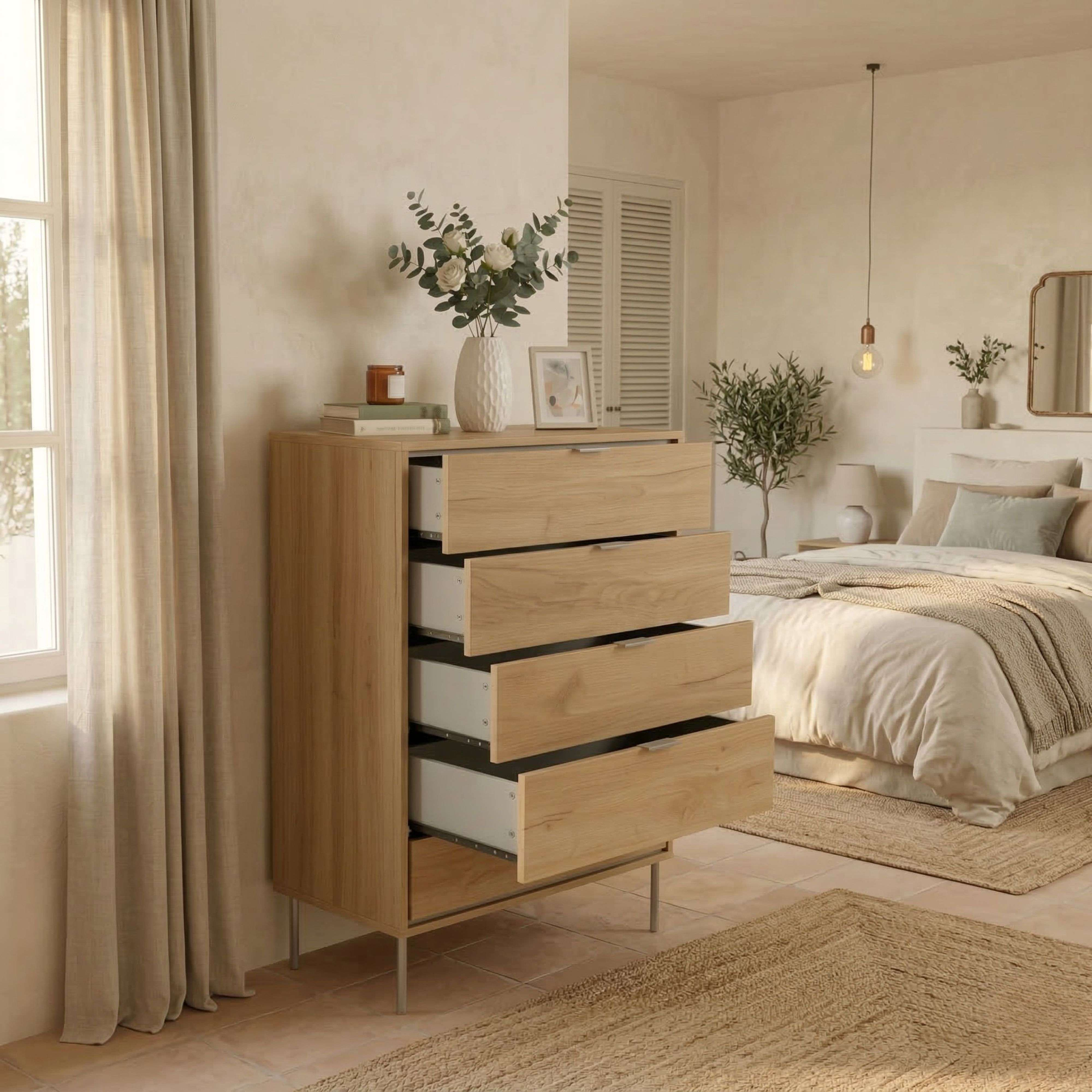 Un dormitorio con una cómoda de madera, una cama y una ventana con cortina.