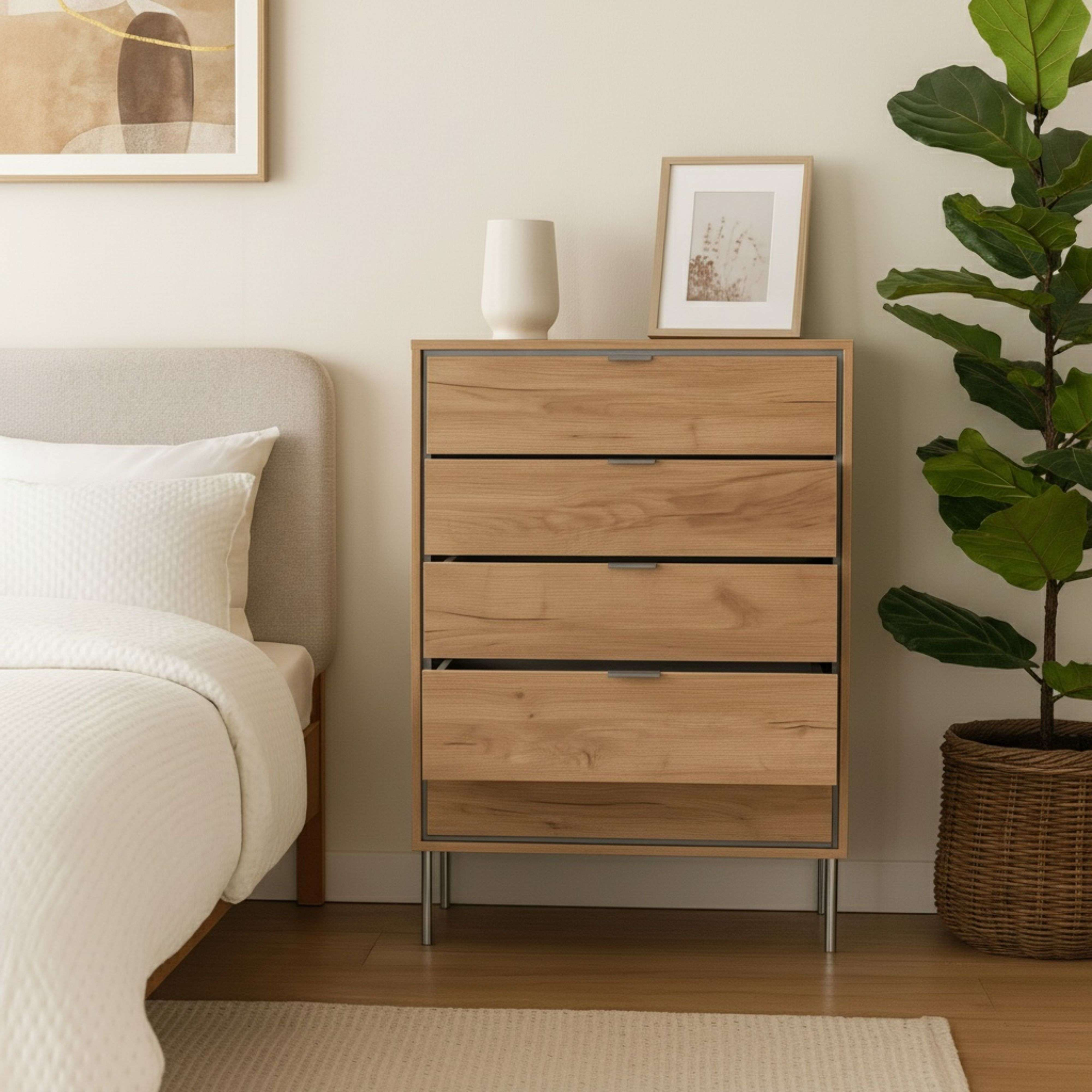 Un dormitorio con cama blanca, cómoda de madera y una planta grande en maceta.