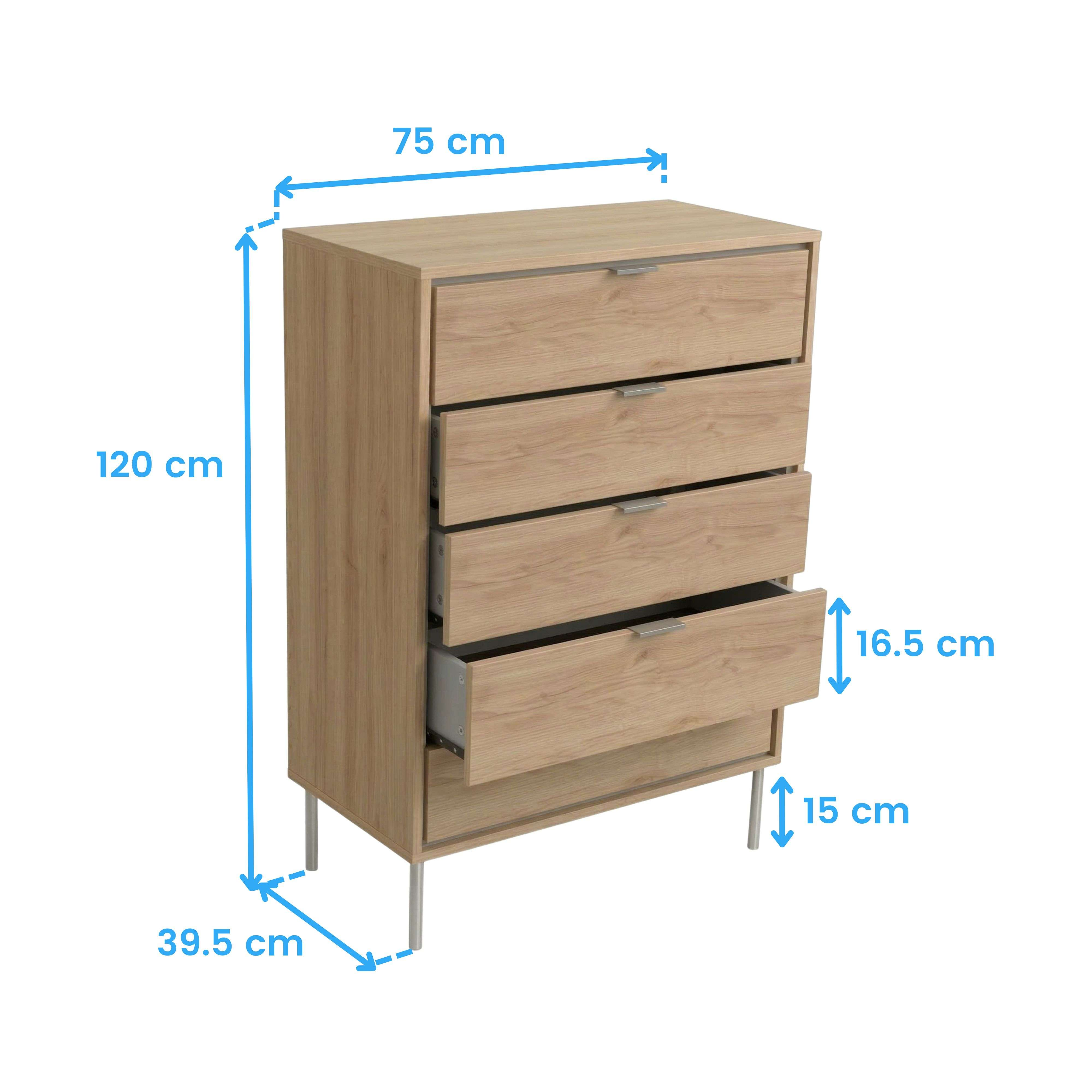 Cómoda de madera con cinco cajones, dimensiones 75x39,5x120 cm.