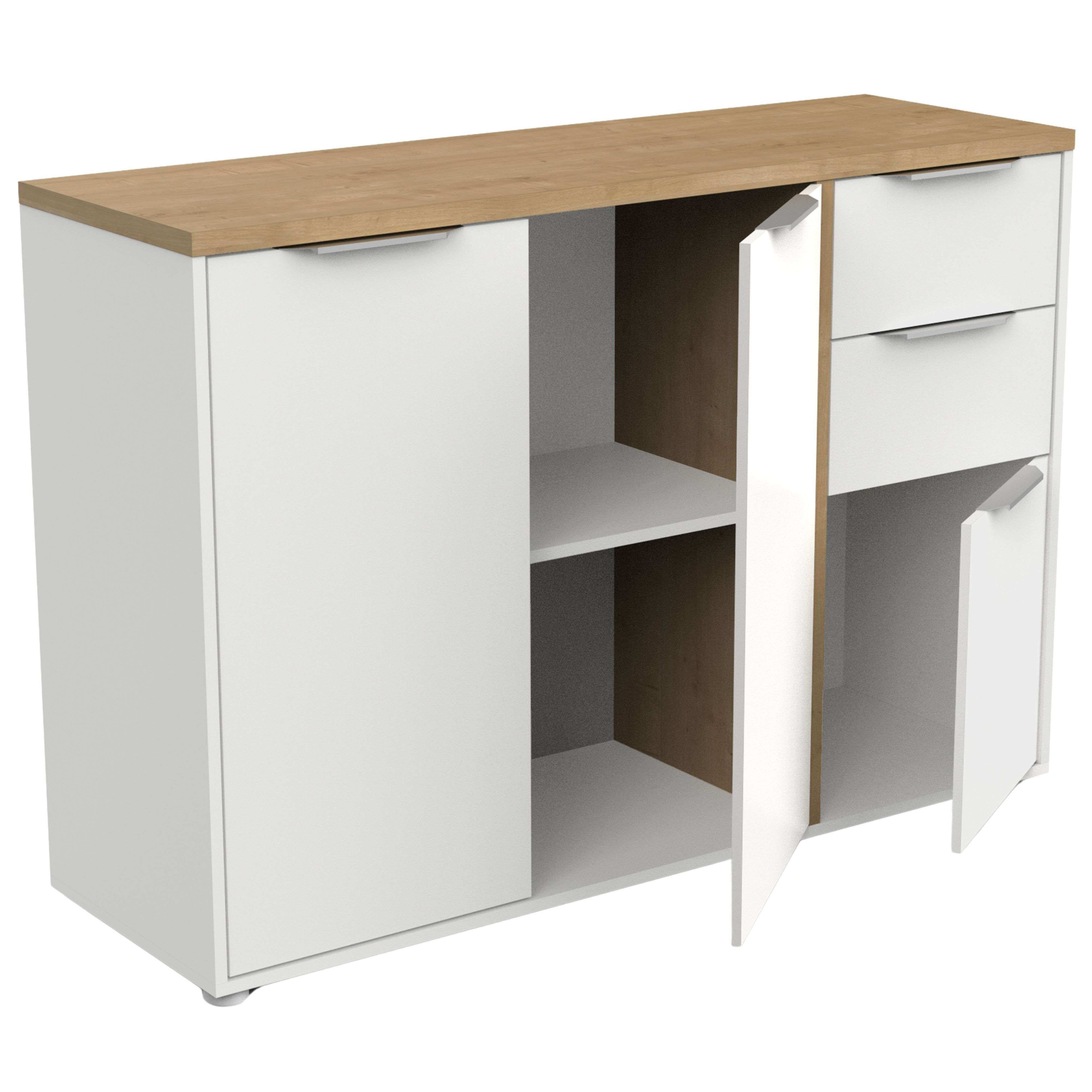Un armario blanco con tapa de madera y puertas abiertas.