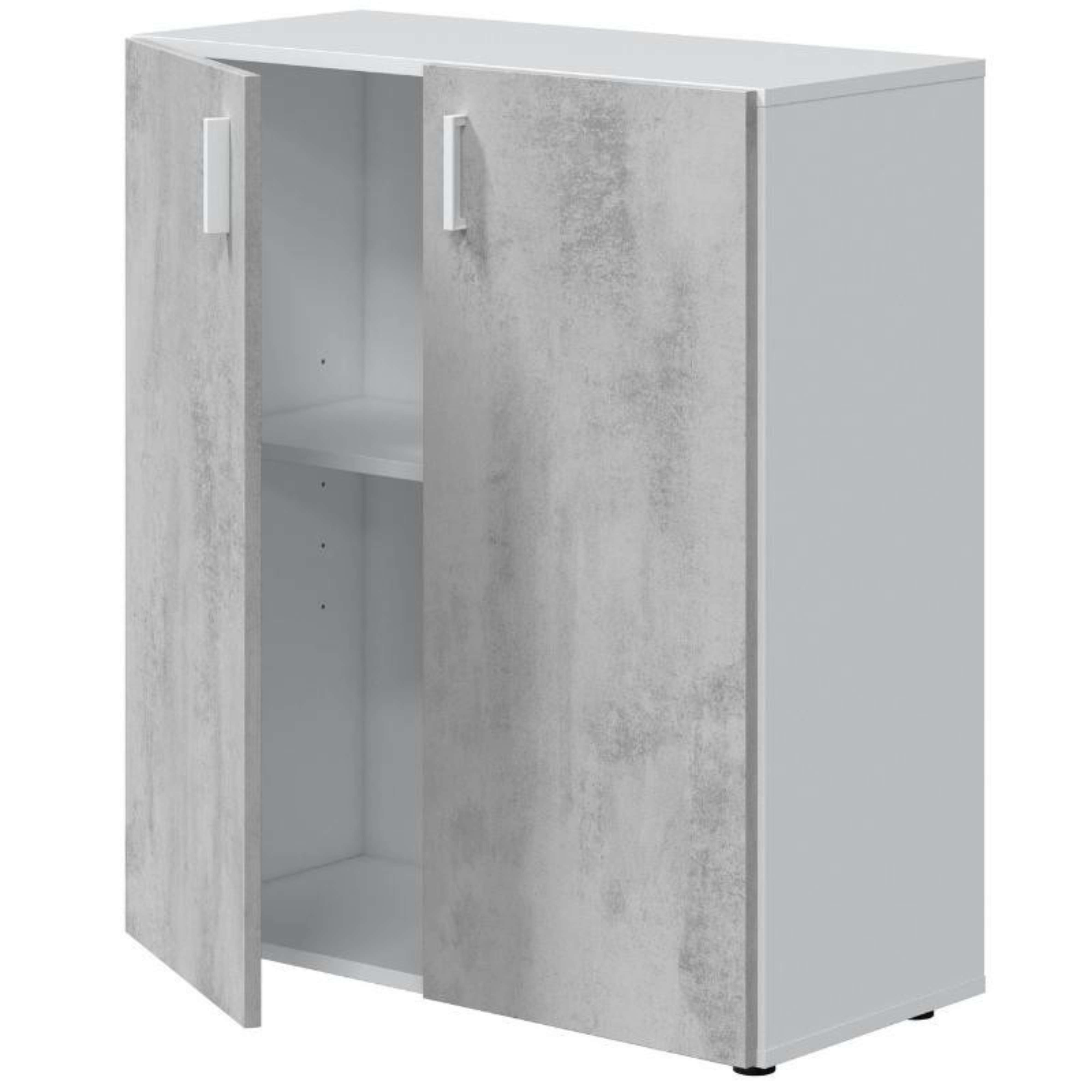 Gabinete gris con dos puertas abiertas y aspecto de hormigón.