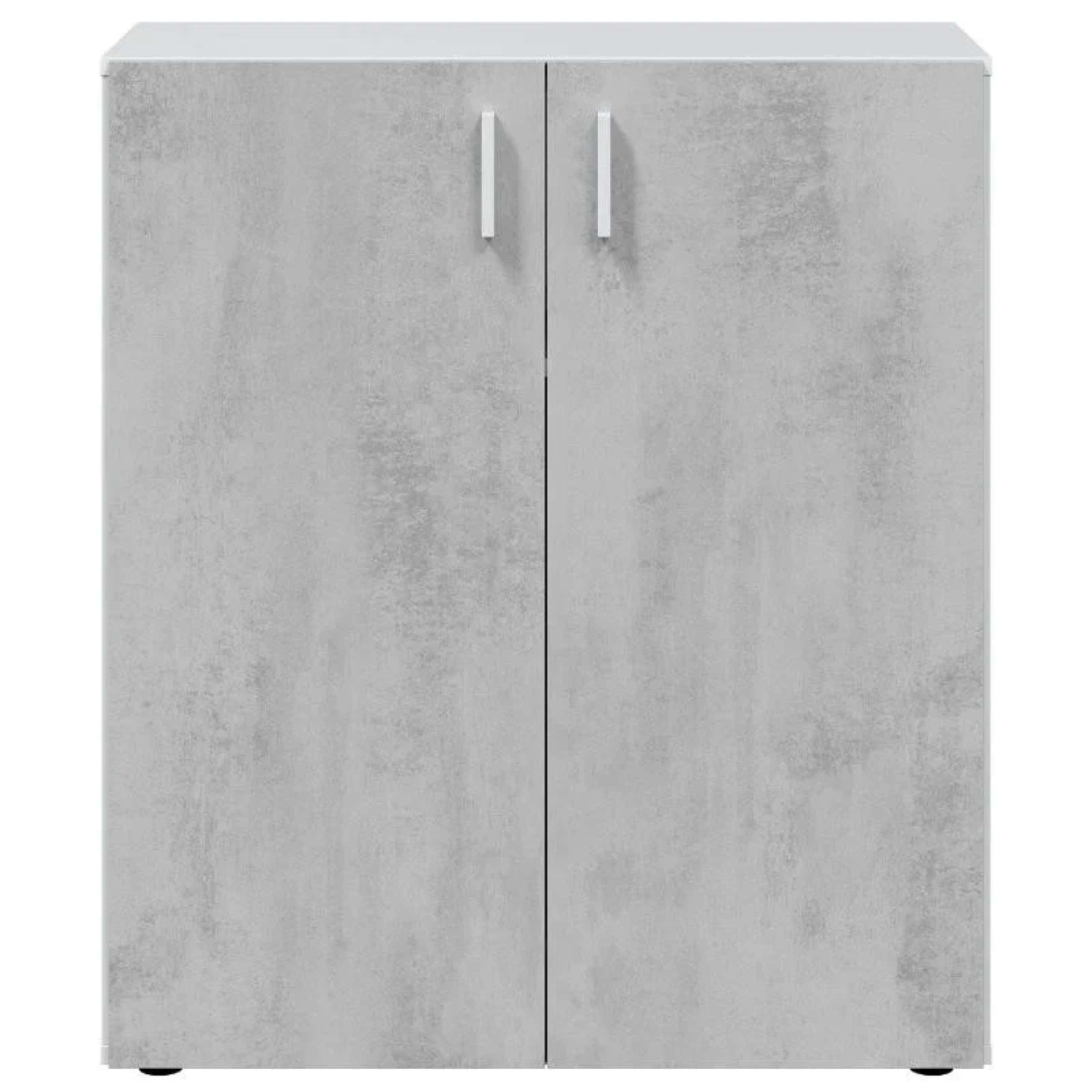 Un mueble gris con dos puertas y tiradores plateados.