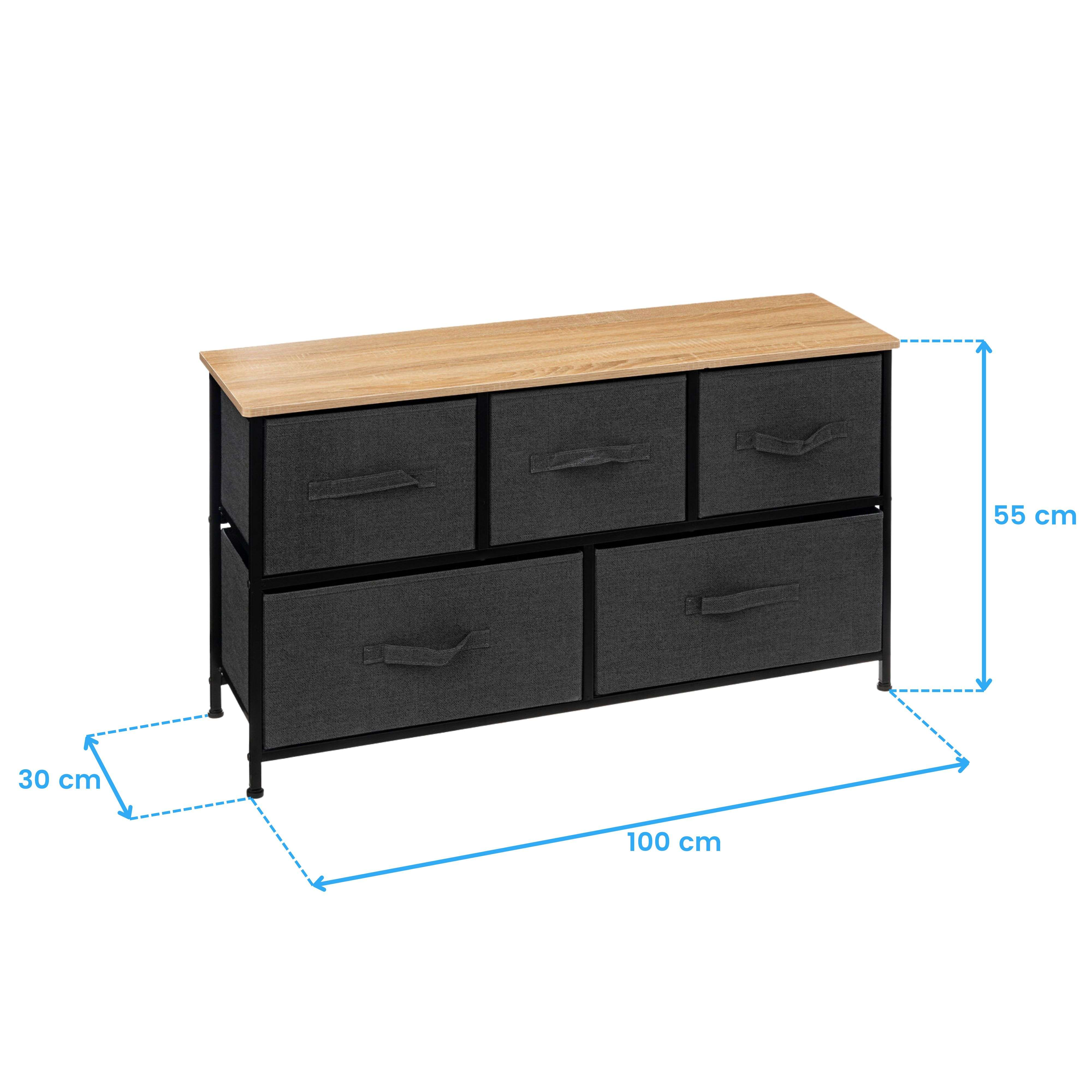 Cómoda de tela gris con tapa de madera. Dimensiones: 100x55x30 cm.