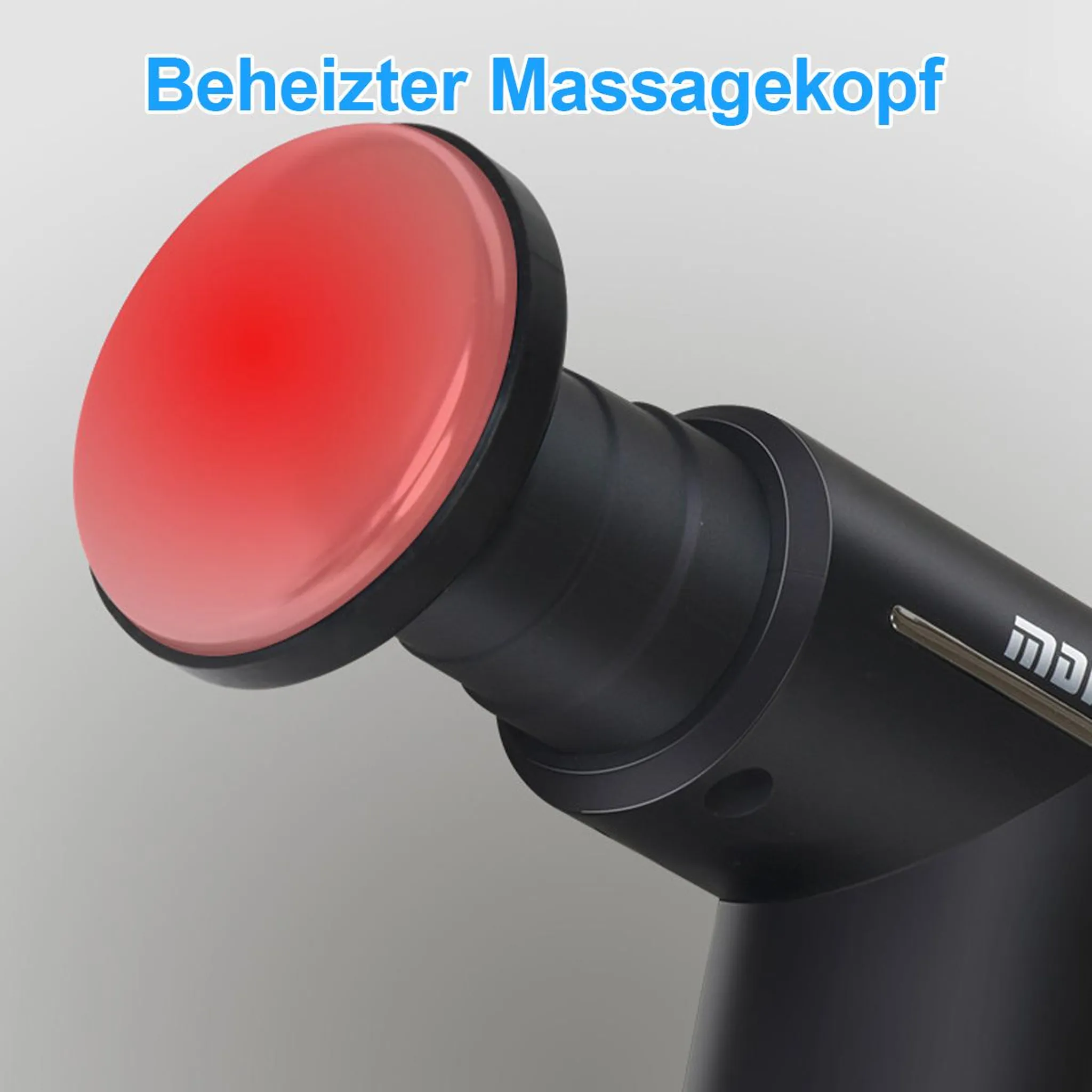 Ein schwarzer Massagekopf mit roter Erwärmungsanzeige und Text.