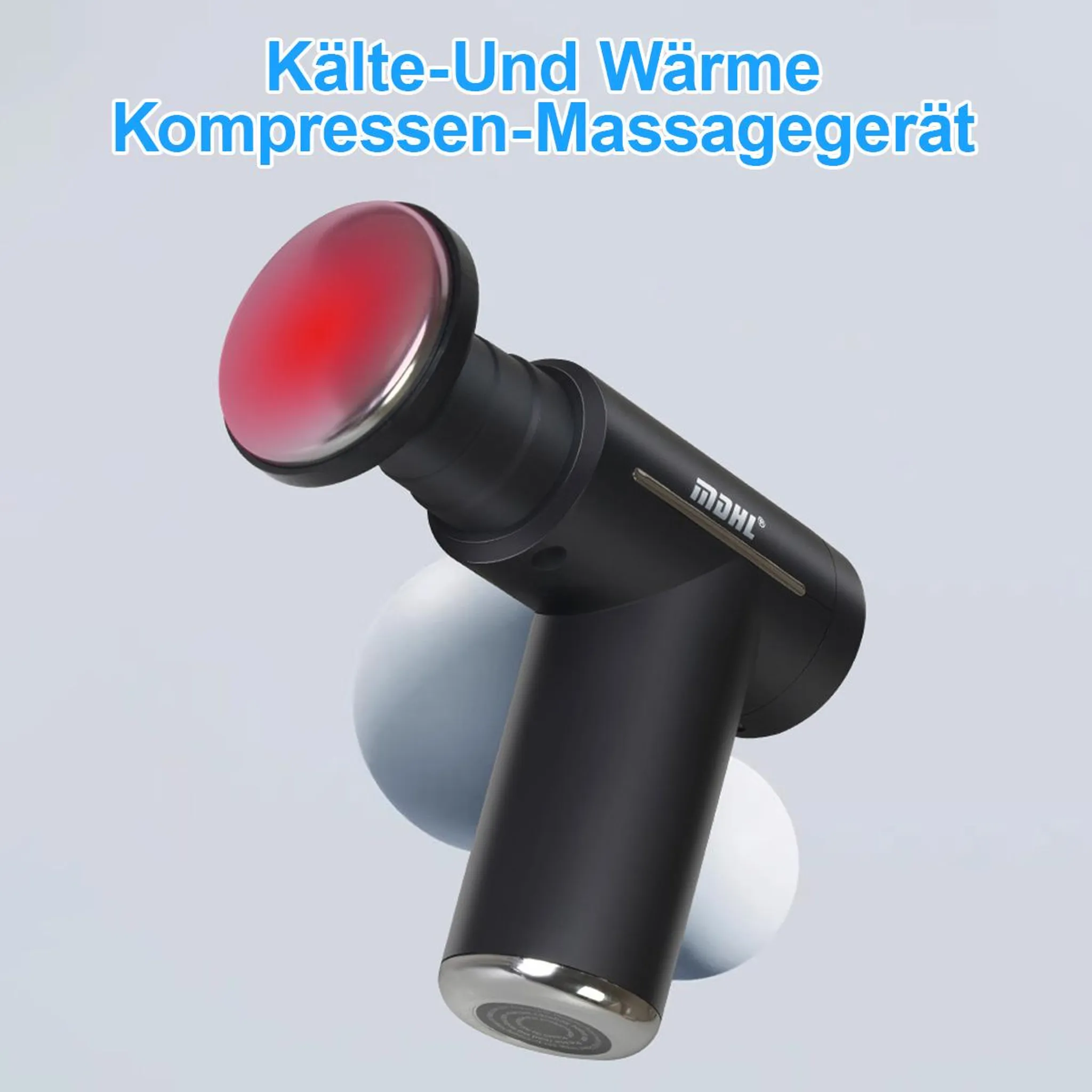 Schwarzes Massagegerät mit roter LED-Anzeige und silbernen Akzenten.