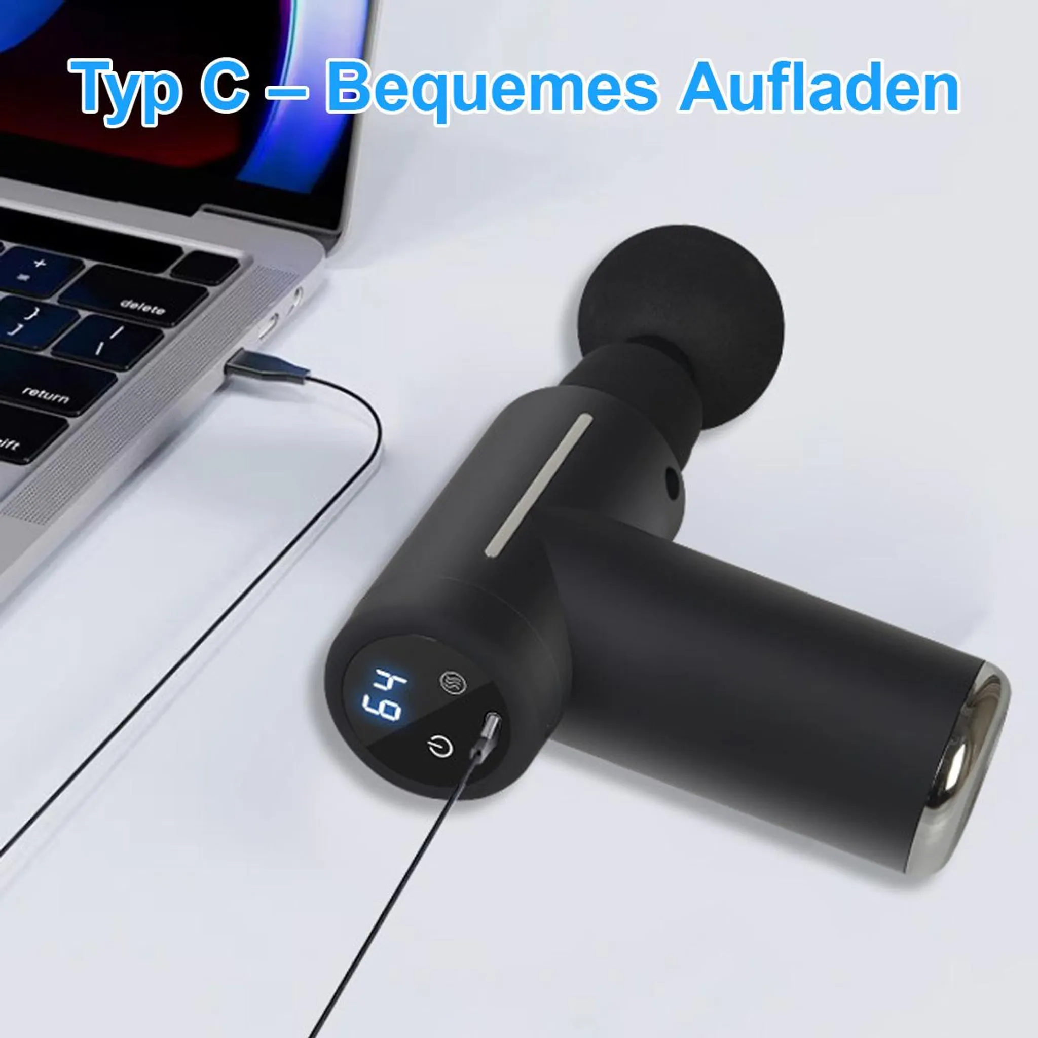 Schwarzes Massagegerät lädt über USB-C an einem Laptop.