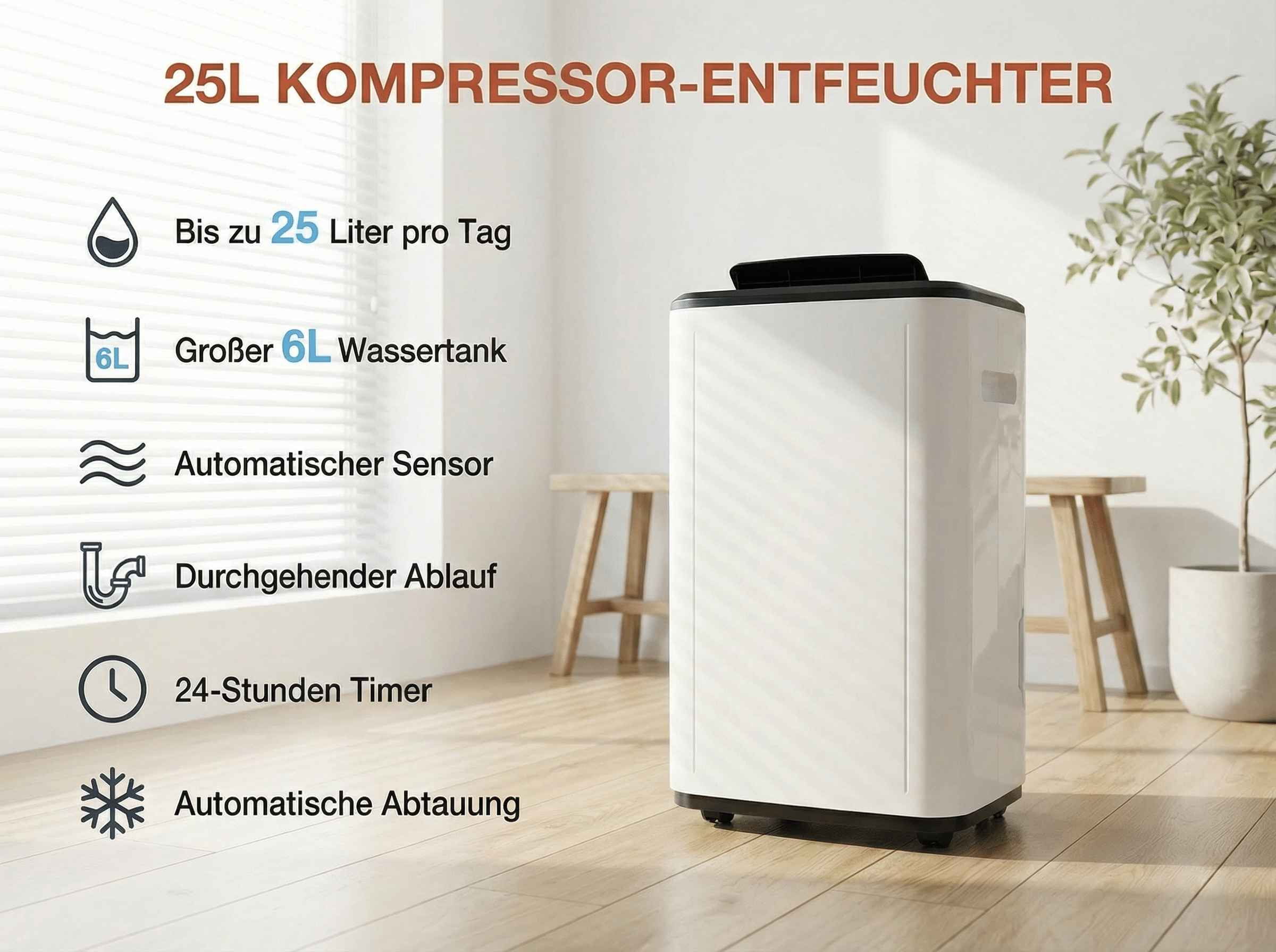 Ein weißer Luftentfeuchter mit 25L Kapazität, 6L Wassertank, Sensor, Timer.