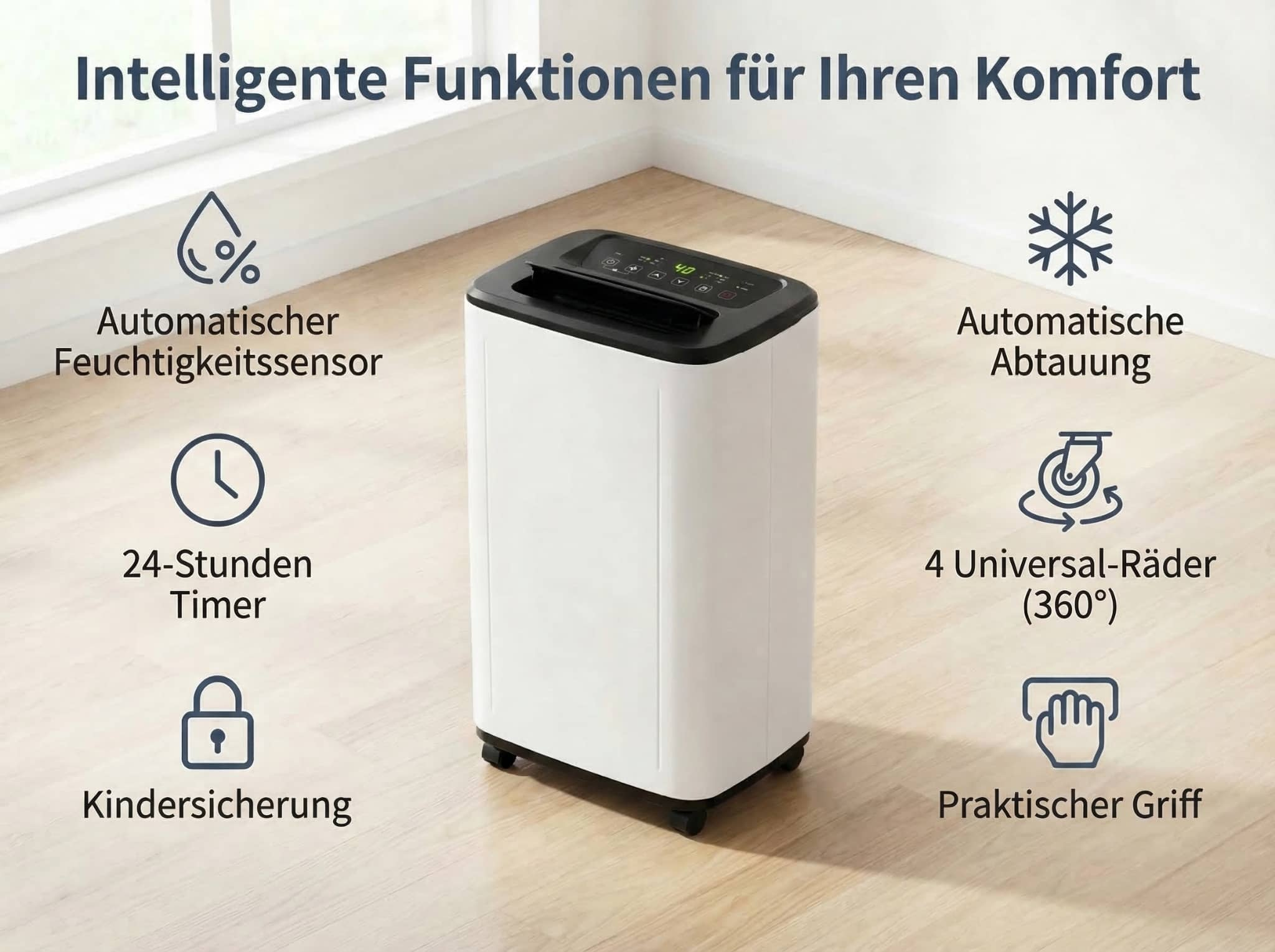 Ein weißer Luftentfeuchter mit schwarzem Bedienfeld und Symbolen für Funktionen.