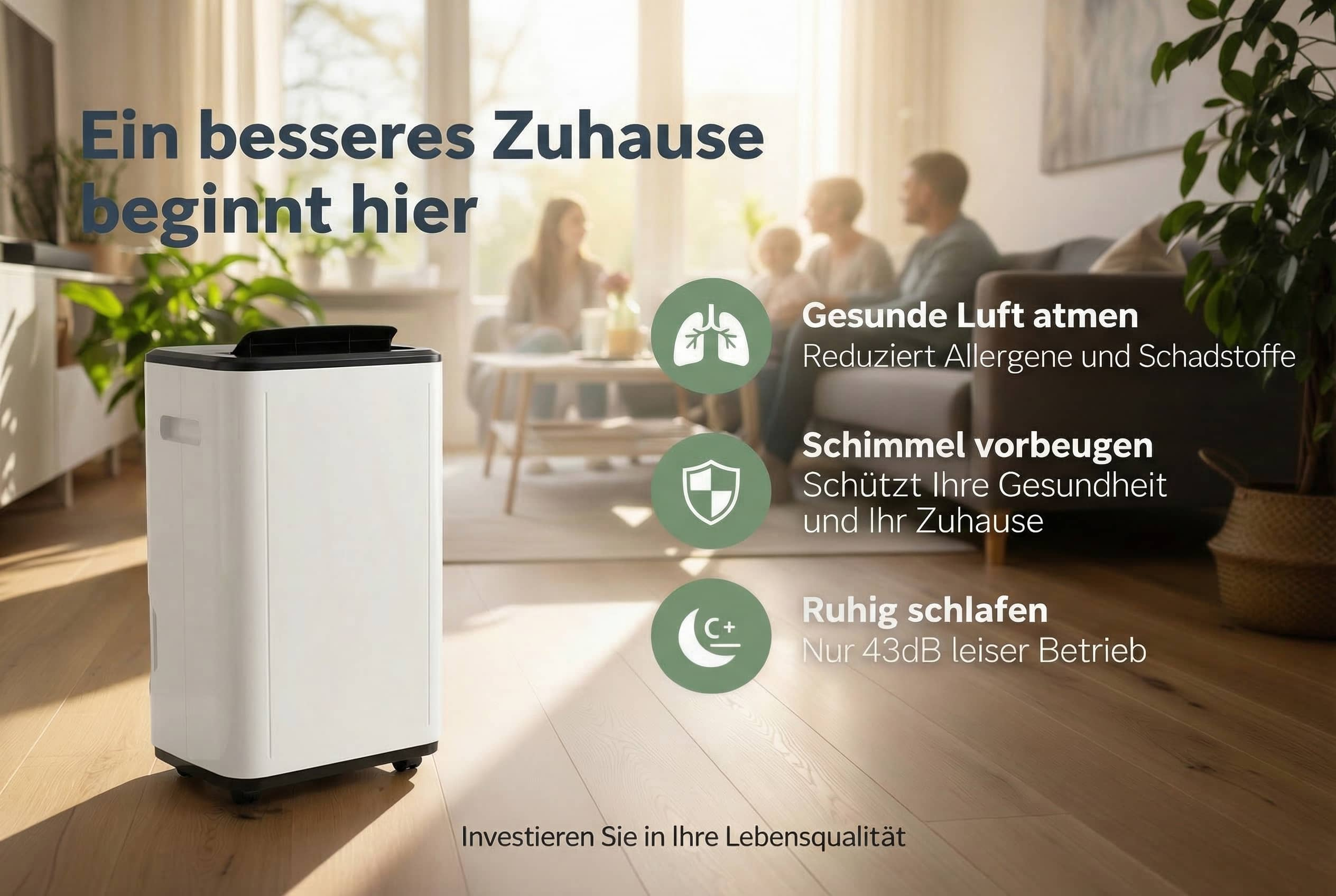 Ein weißer Luftentfeuchter in einem Wohnzimmer mit einer Familie im Hintergrund.