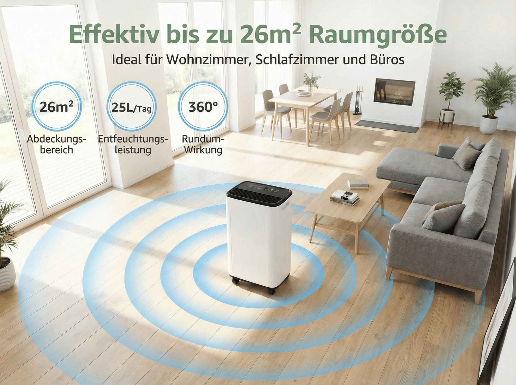 Ein weißer Luftentfeuchter steht in einem modernen Wohnzimmer mit Möbeln.