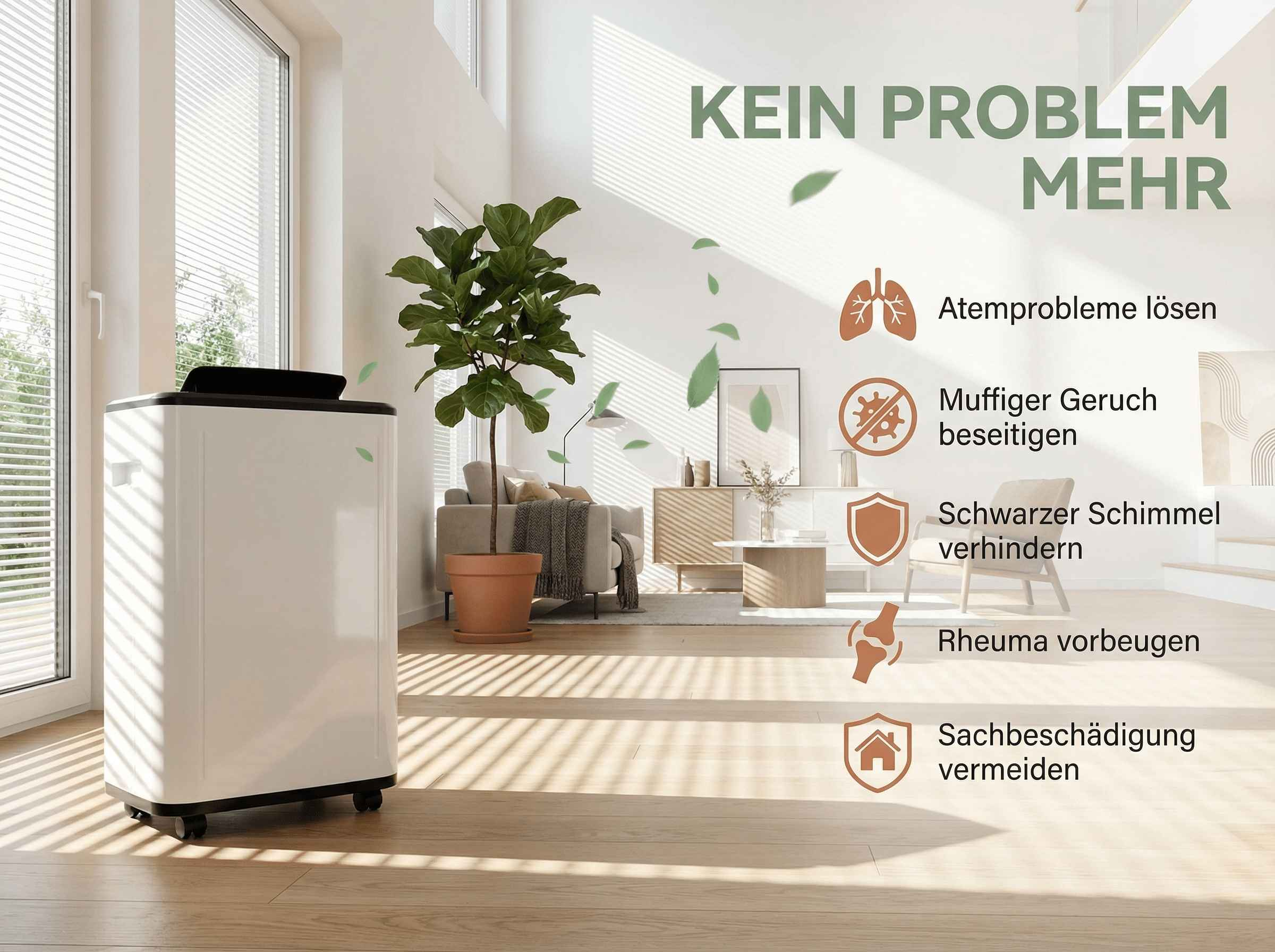 Ein weißer Luftreiniger steht neben einem großen Fenster in einem hellen Raum.