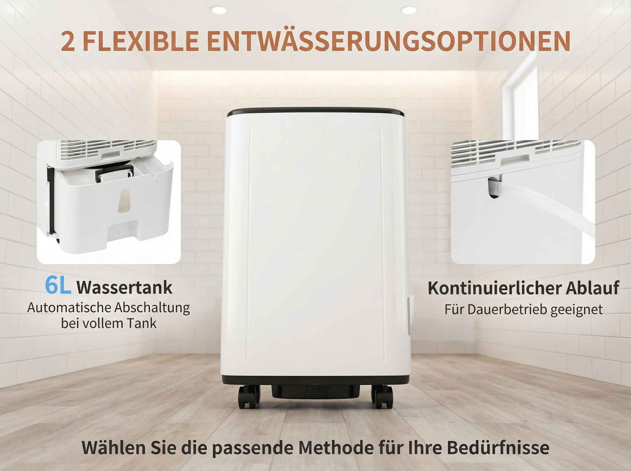 Weißer Luftentfeuchter mit zwei Entwässerungsoptionen: 6L Tank & Schlauch.