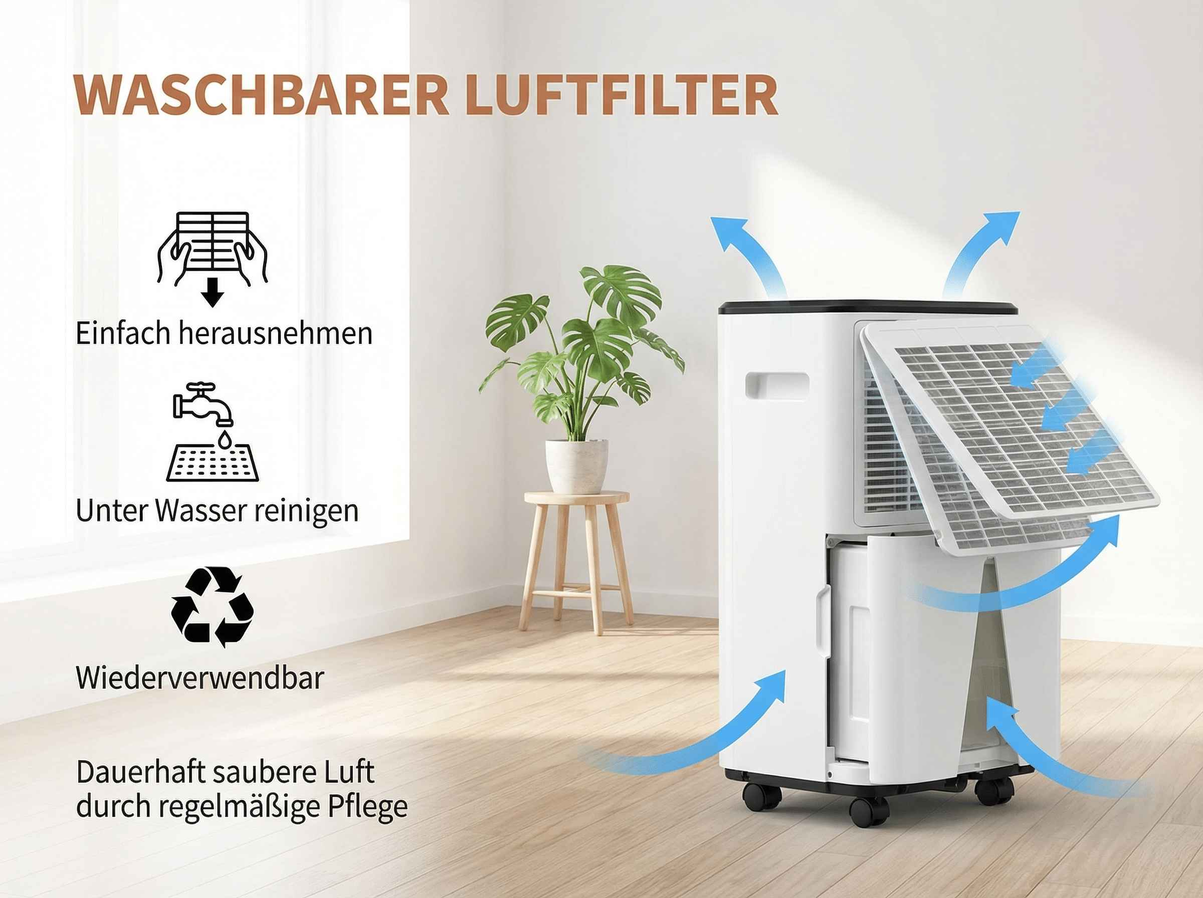 Luftreiniger mit waschbarem Filter, einfache Reinigung und Wartung.