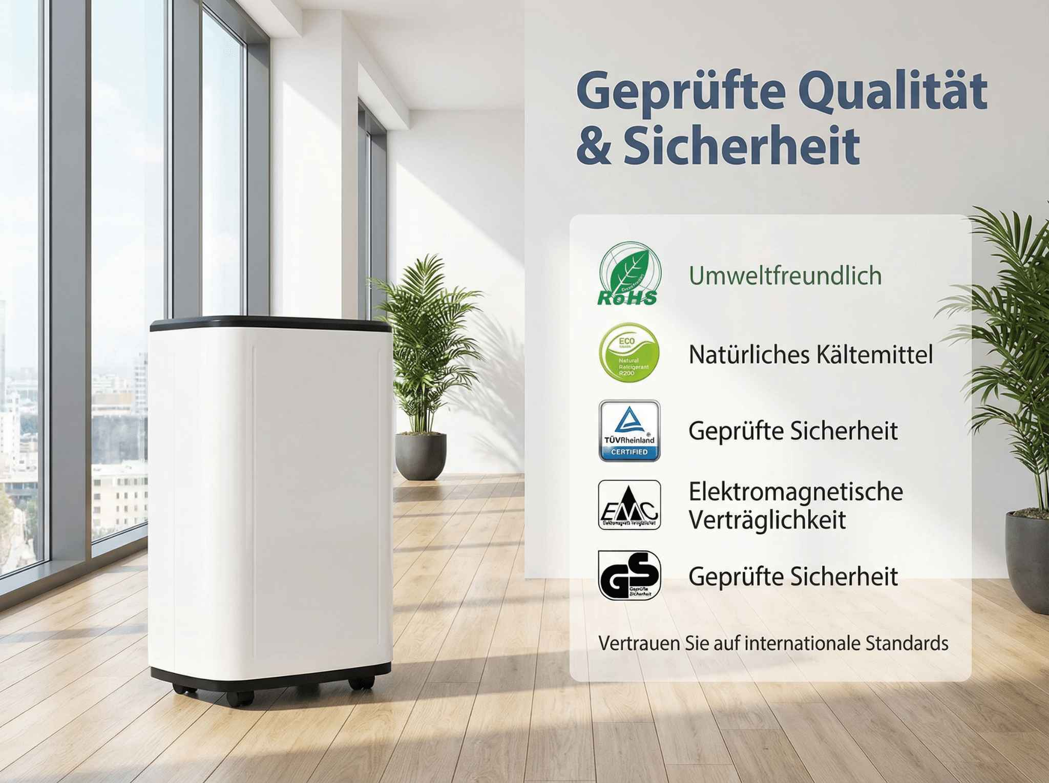 Weißer Luftreiniger mit Rollen vor großem Fenster. Zertifikate auf der rechten Seite.