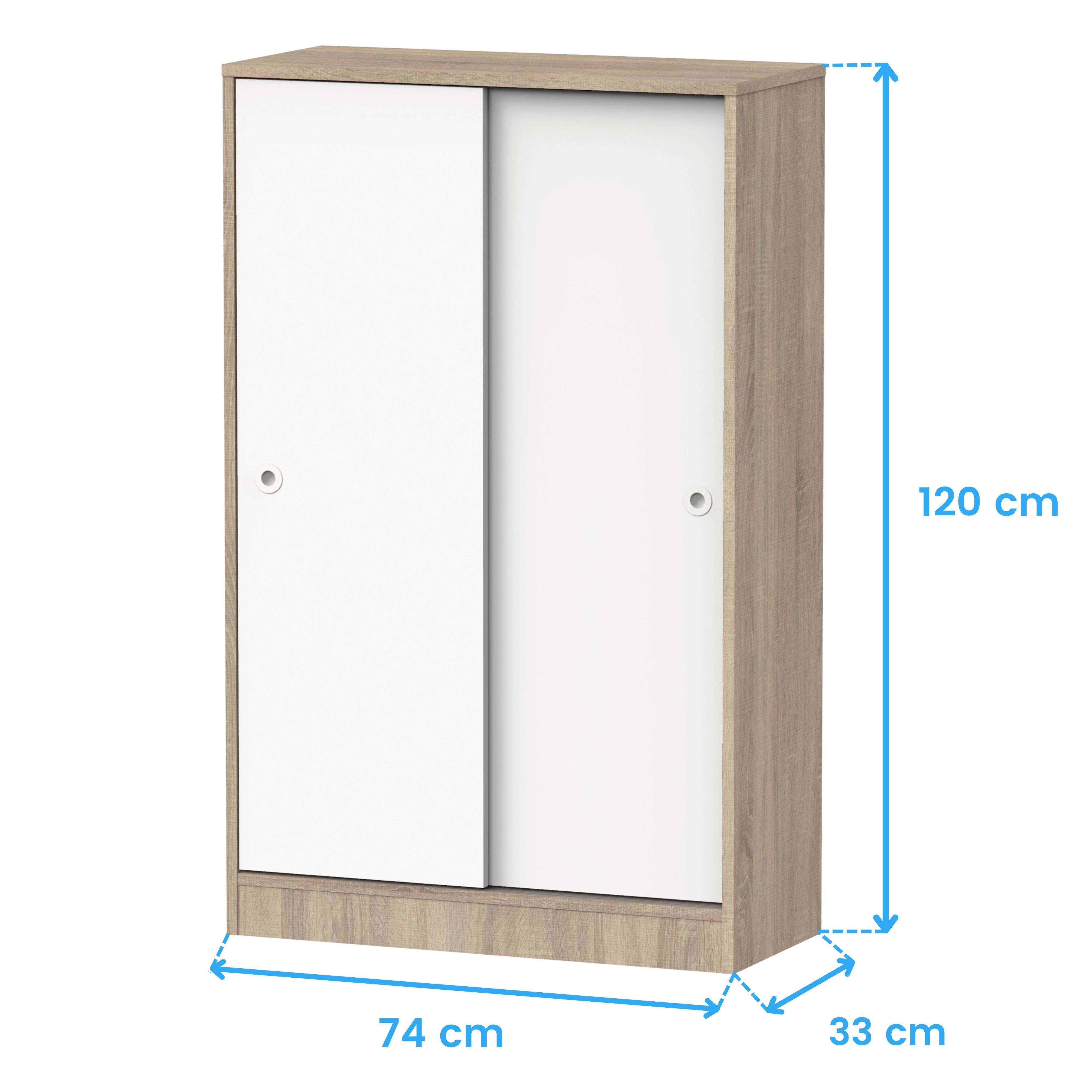 Un armario de madera con dos puertas correderas blancas, mostrando medidas.