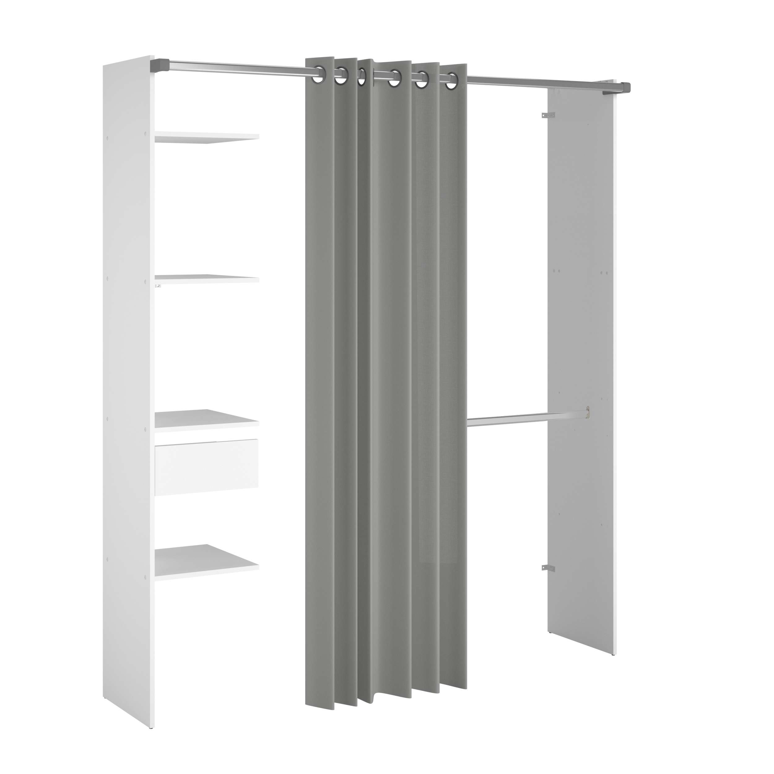 Un estante blanco con barra de ropa y cortina gris.